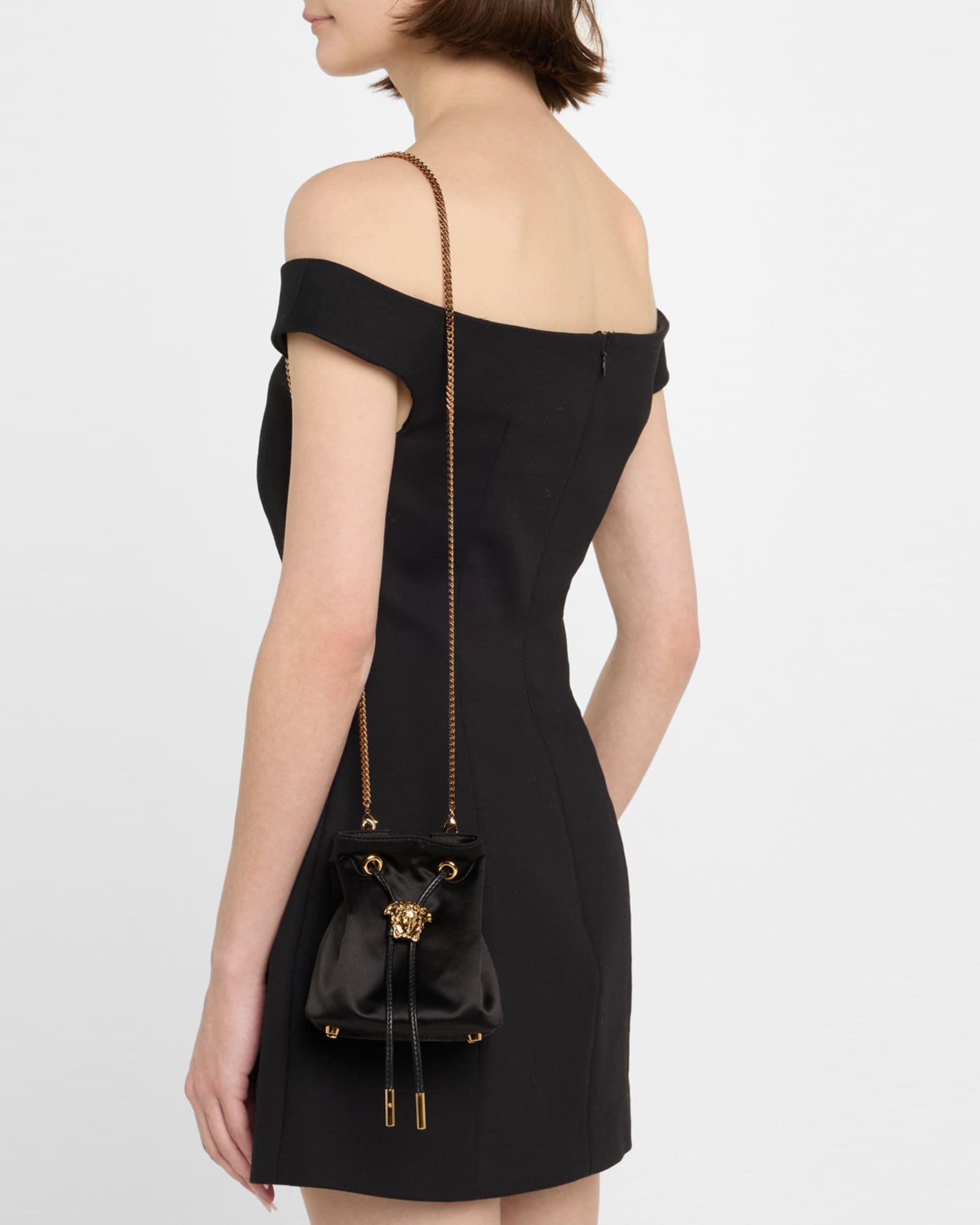 La Medusa Drawstring Satin Bucket Bag 1