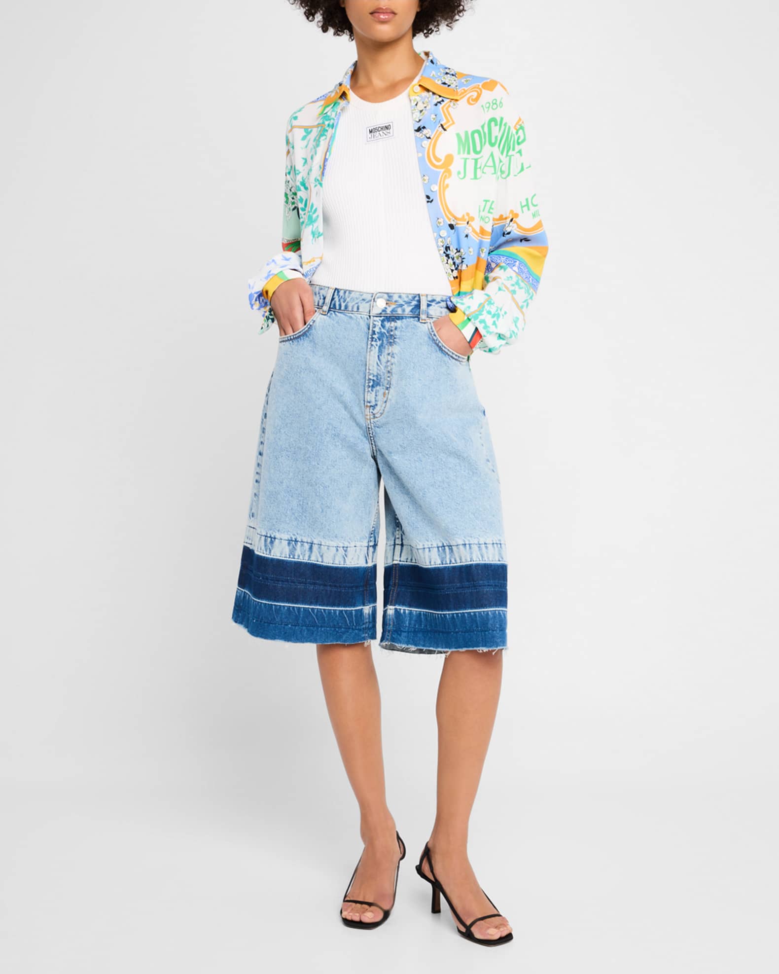 Cropped Long-Sleeve Scarf-Print Blouse 1