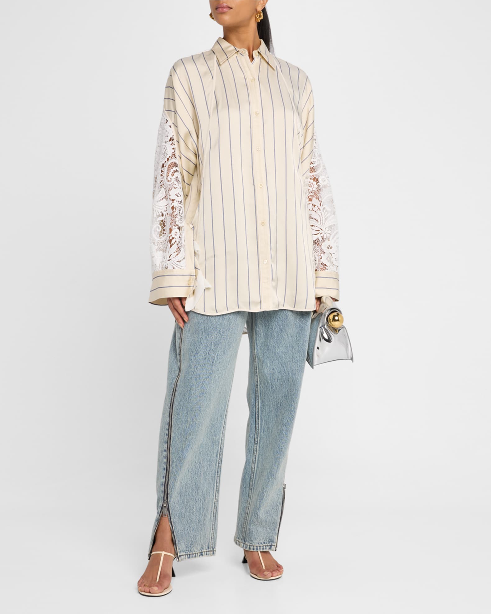 Stripe Satin Draped-Sleeve Shirt 1