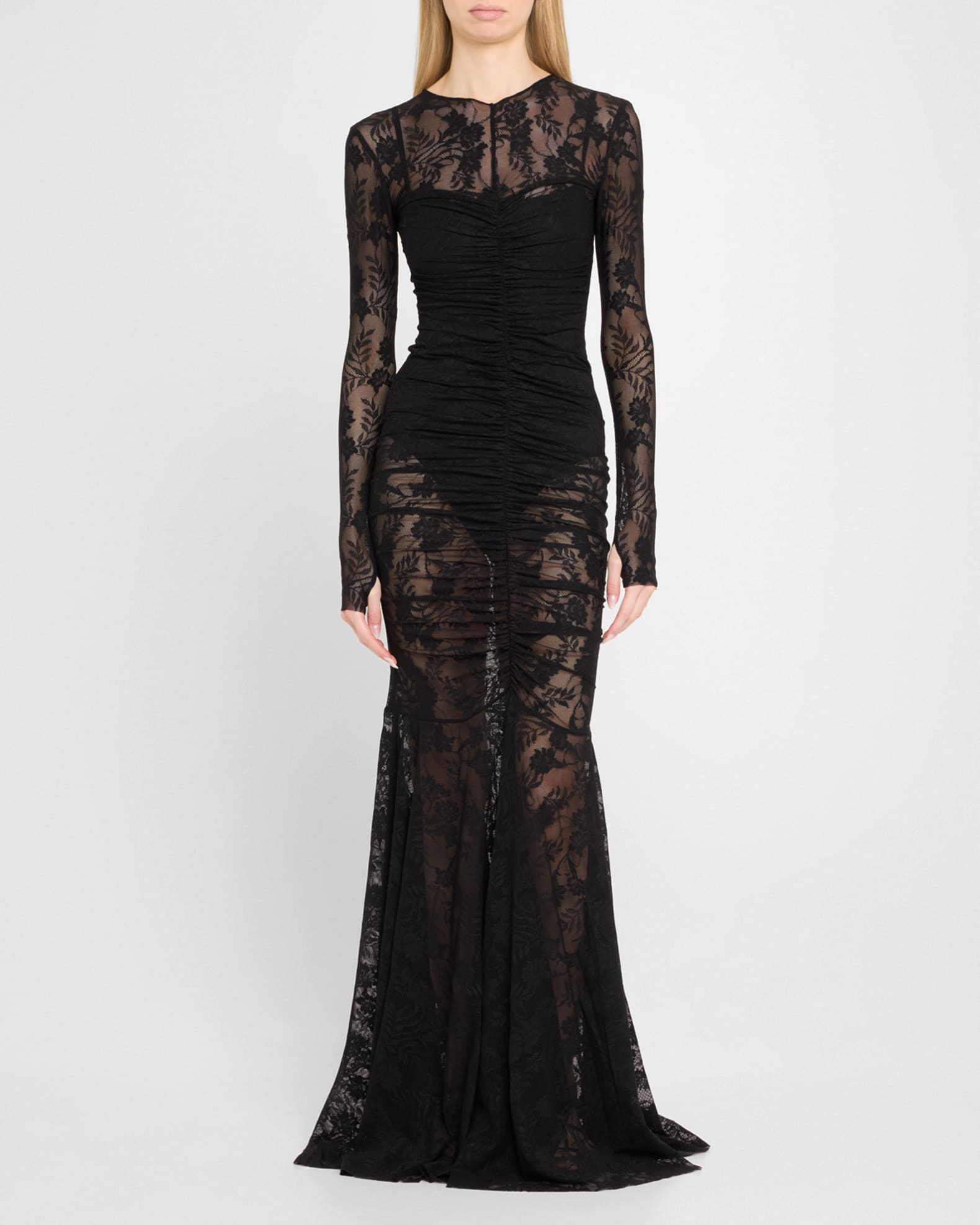 Shirred Floral Lace Fishtail Gown 1
