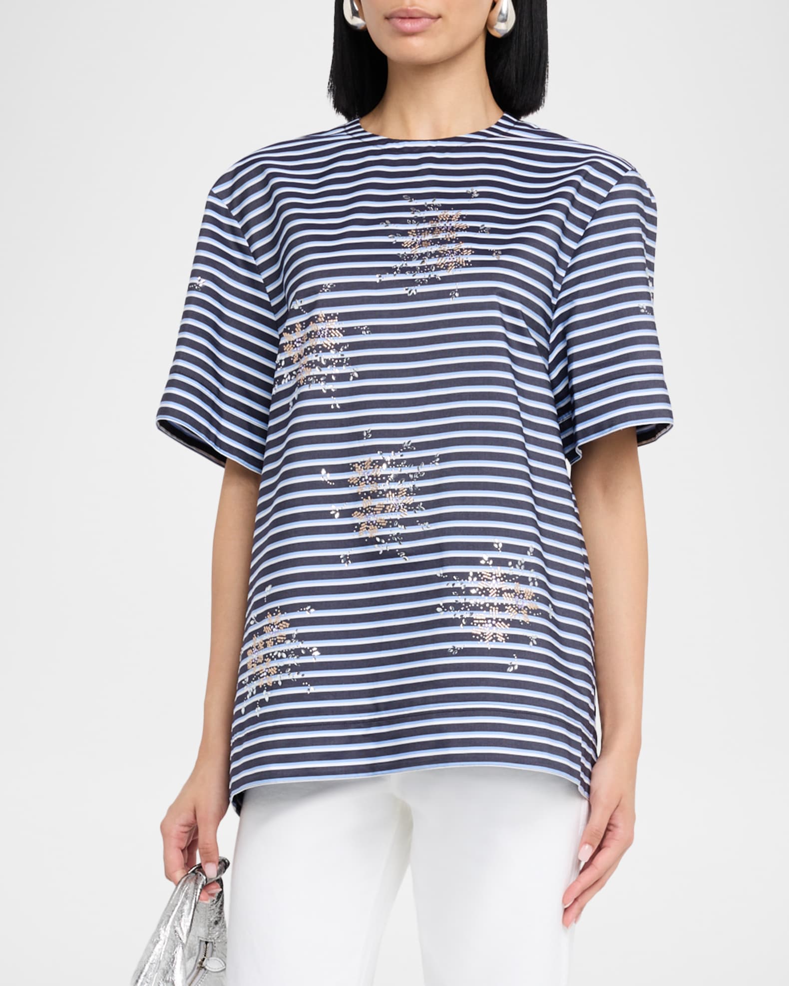Embellished Striped Short-Sleeve Backless T-Shirt 1