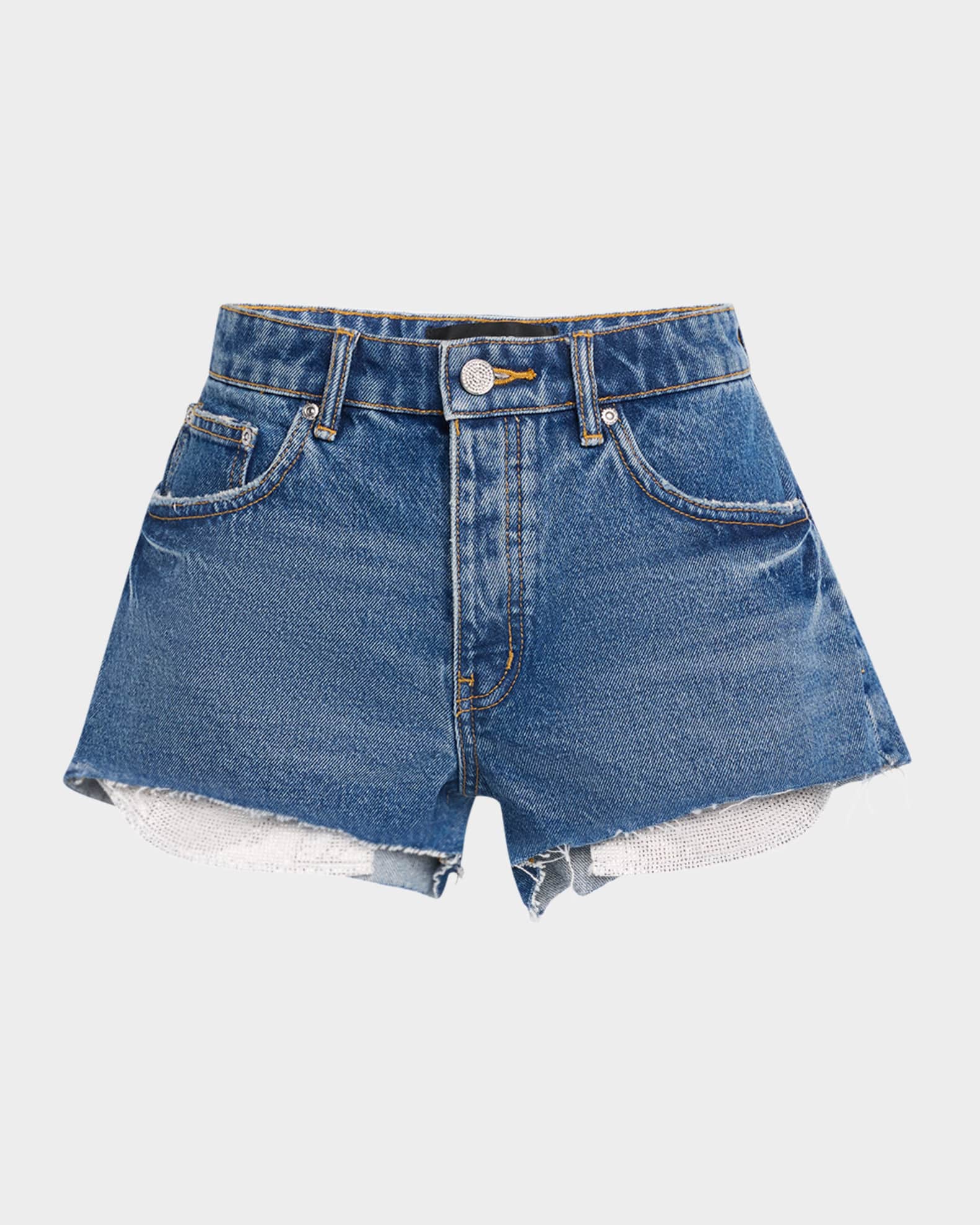 Cut-Off Denim Shorts with Rhinestone Pockets 0