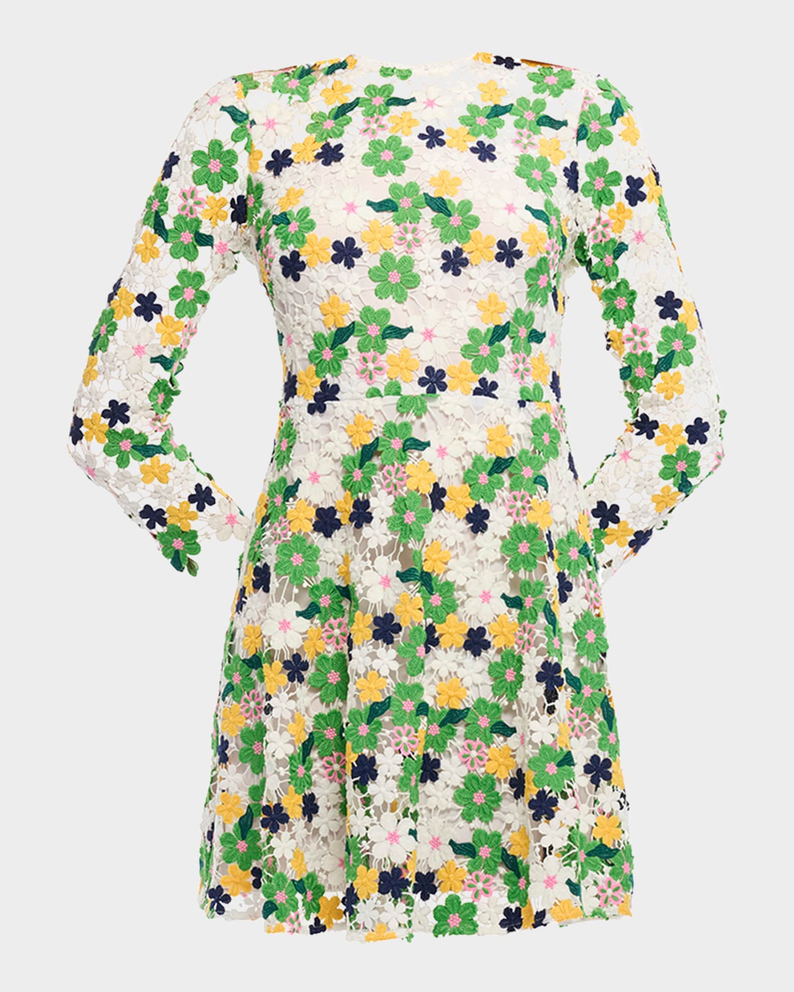 Shoshanna Maddox 3/4-Sleeve Floral Lace Mini Dress | Neiman Marcus