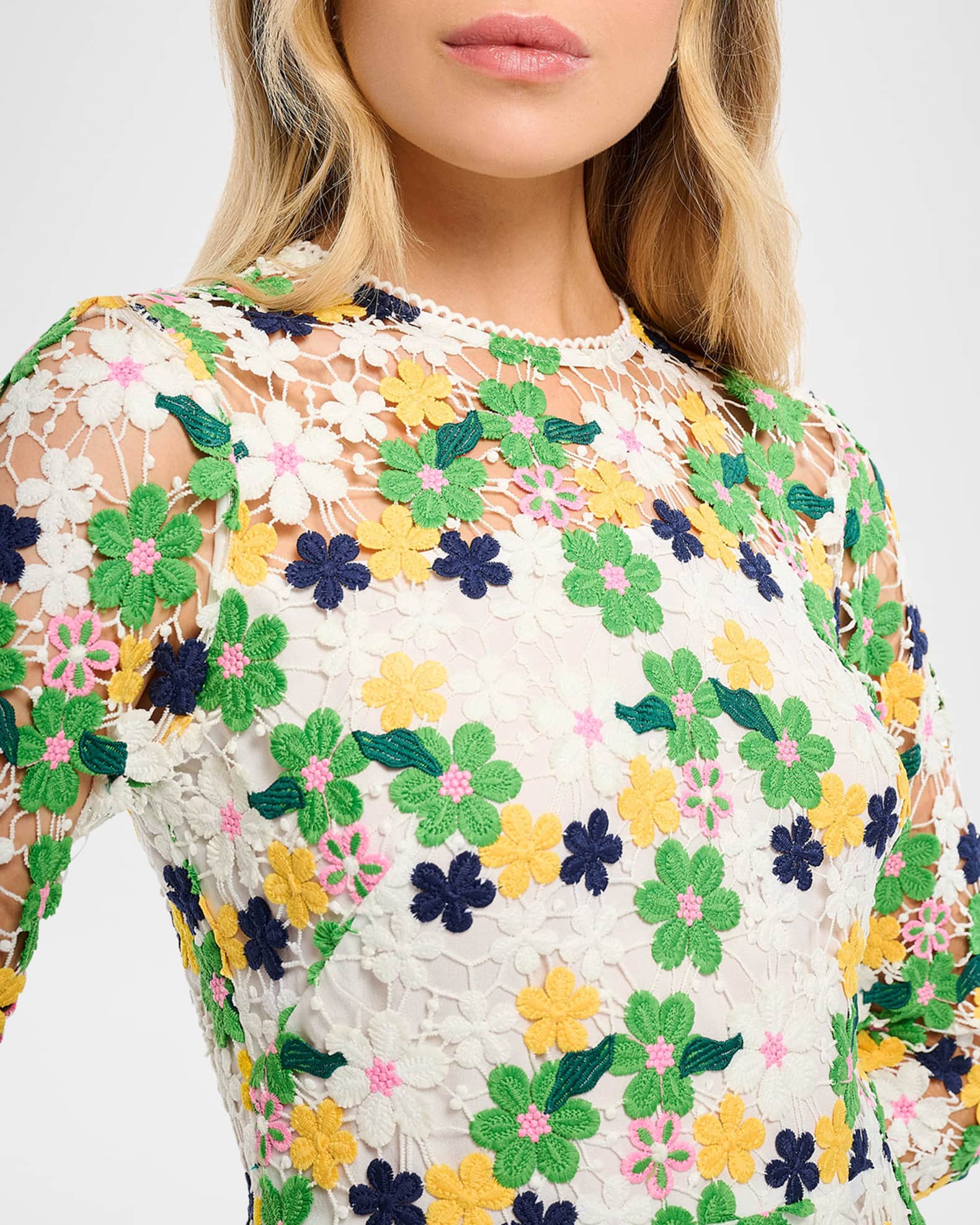 Shoshanna Maddox 3/4-Sleeve Floral Lace Mini Dress | Neiman Marcus
