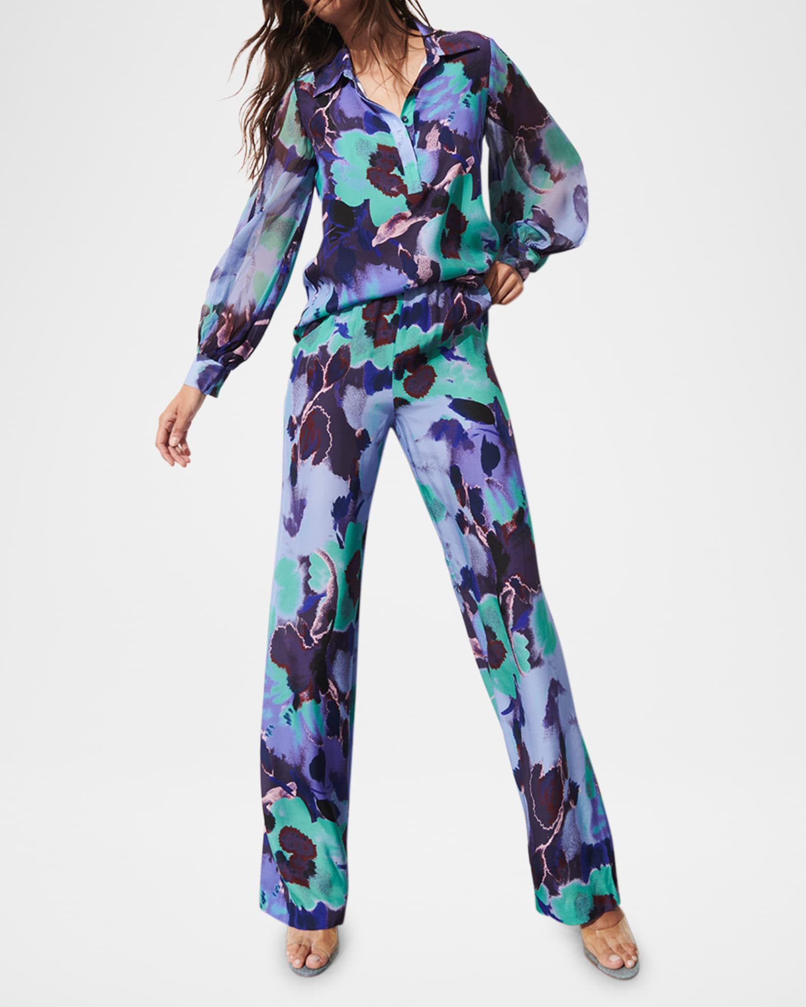 Devon Floral Silk Wide-Leg Pull-On Pants 1