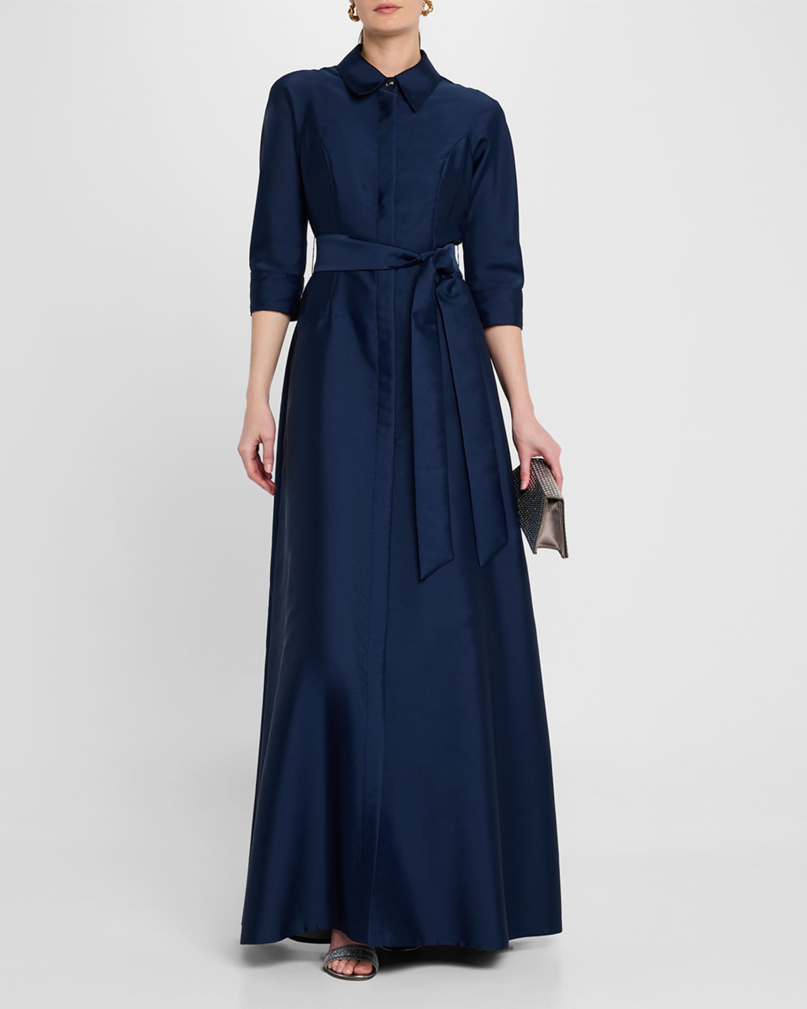 Belted 3/4-Sleeve Mikado Shirt Gown 1