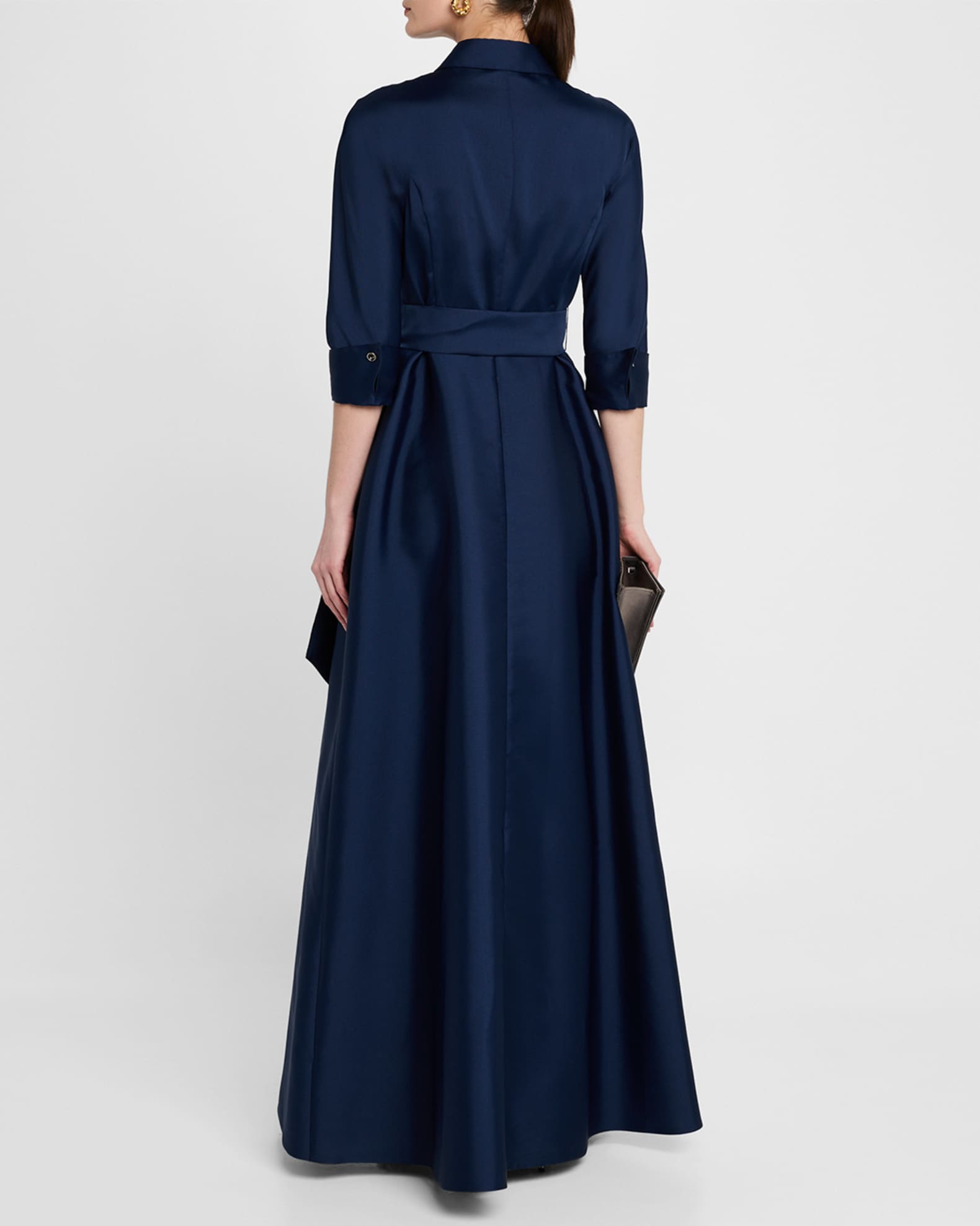 Belted 3/4-Sleeve Mikado Shirt Gown
