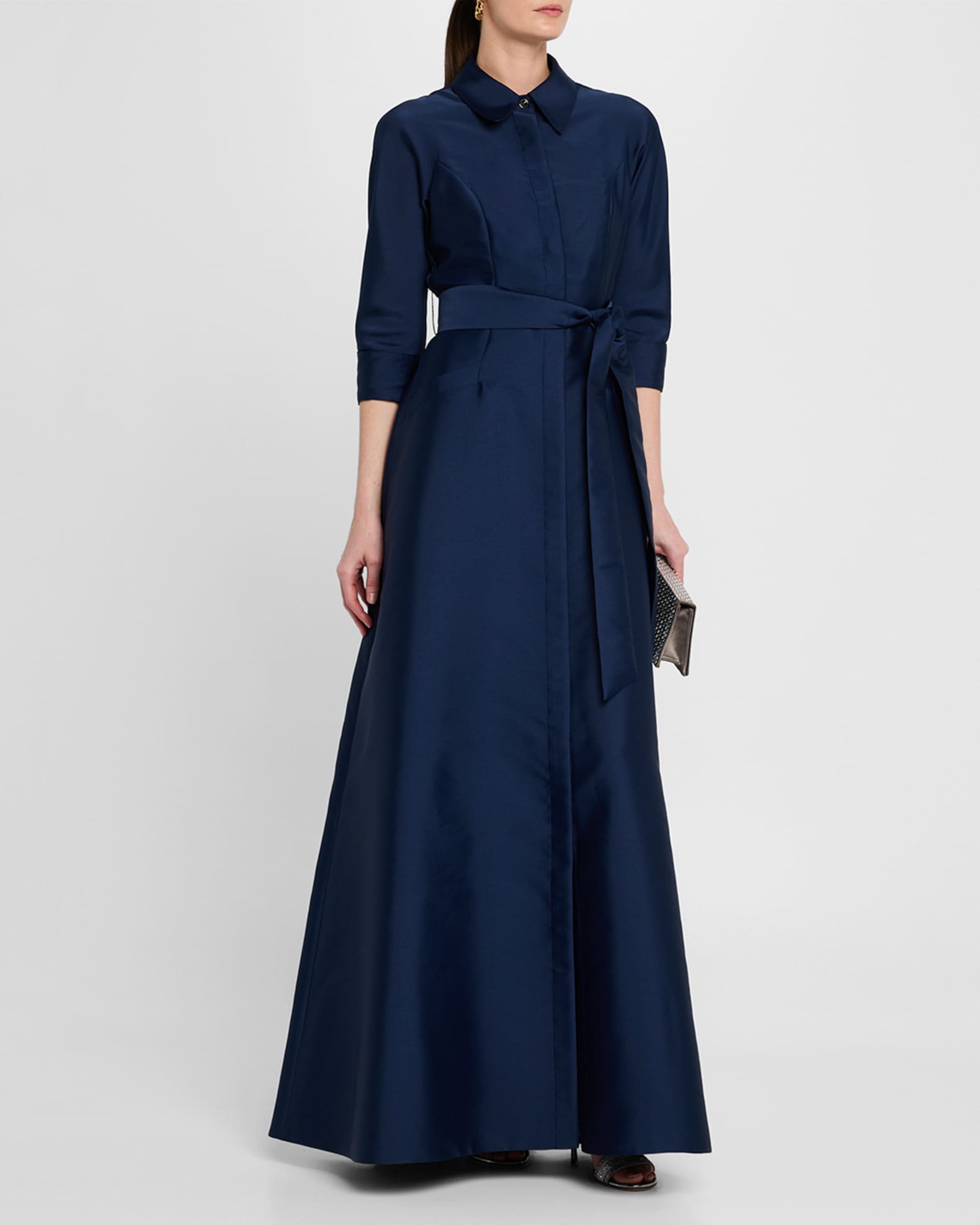 Belted 3/4-Sleeve Mikado Shirt Gown