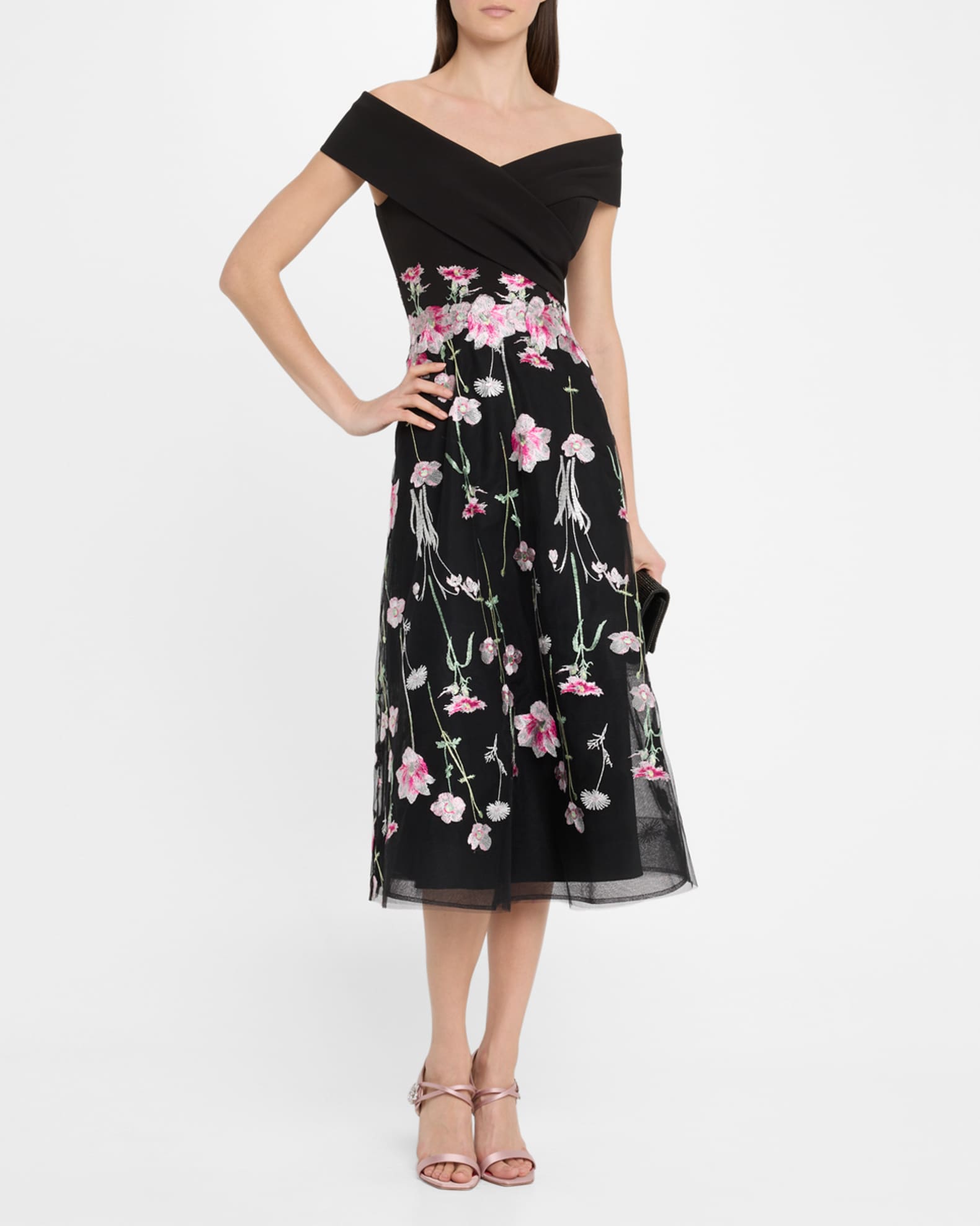 Off-Shoulder Embroidered Tulle Midi Dress 1