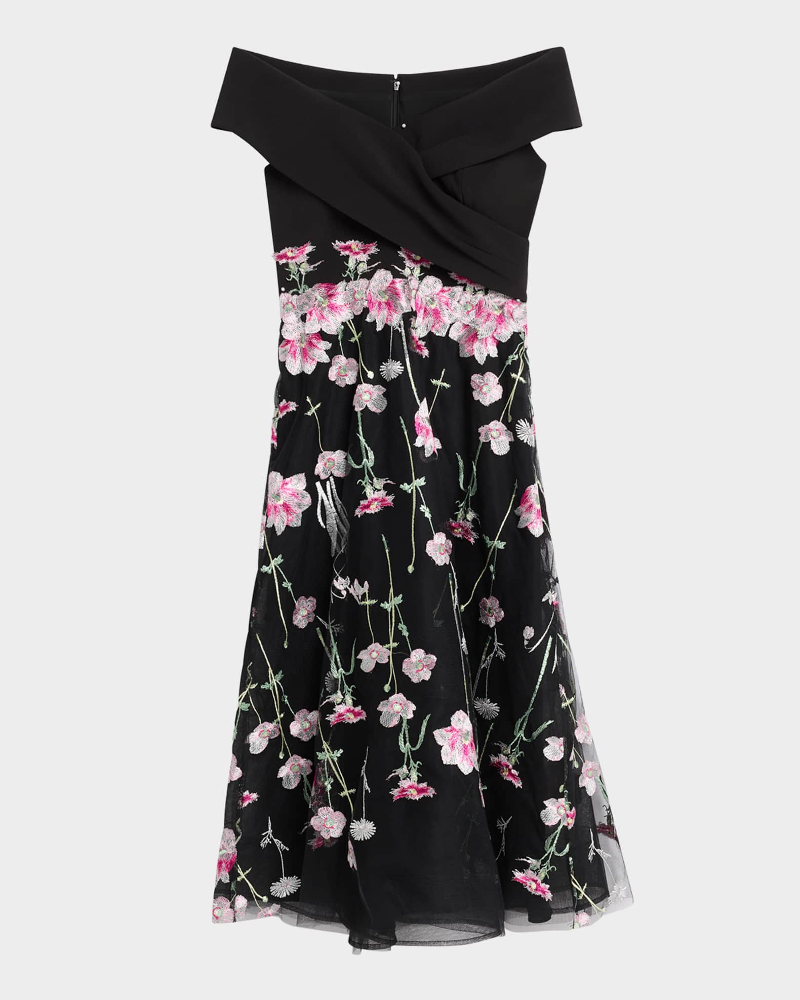 Off-Shoulder Embroidered Tulle Midi Dress 0