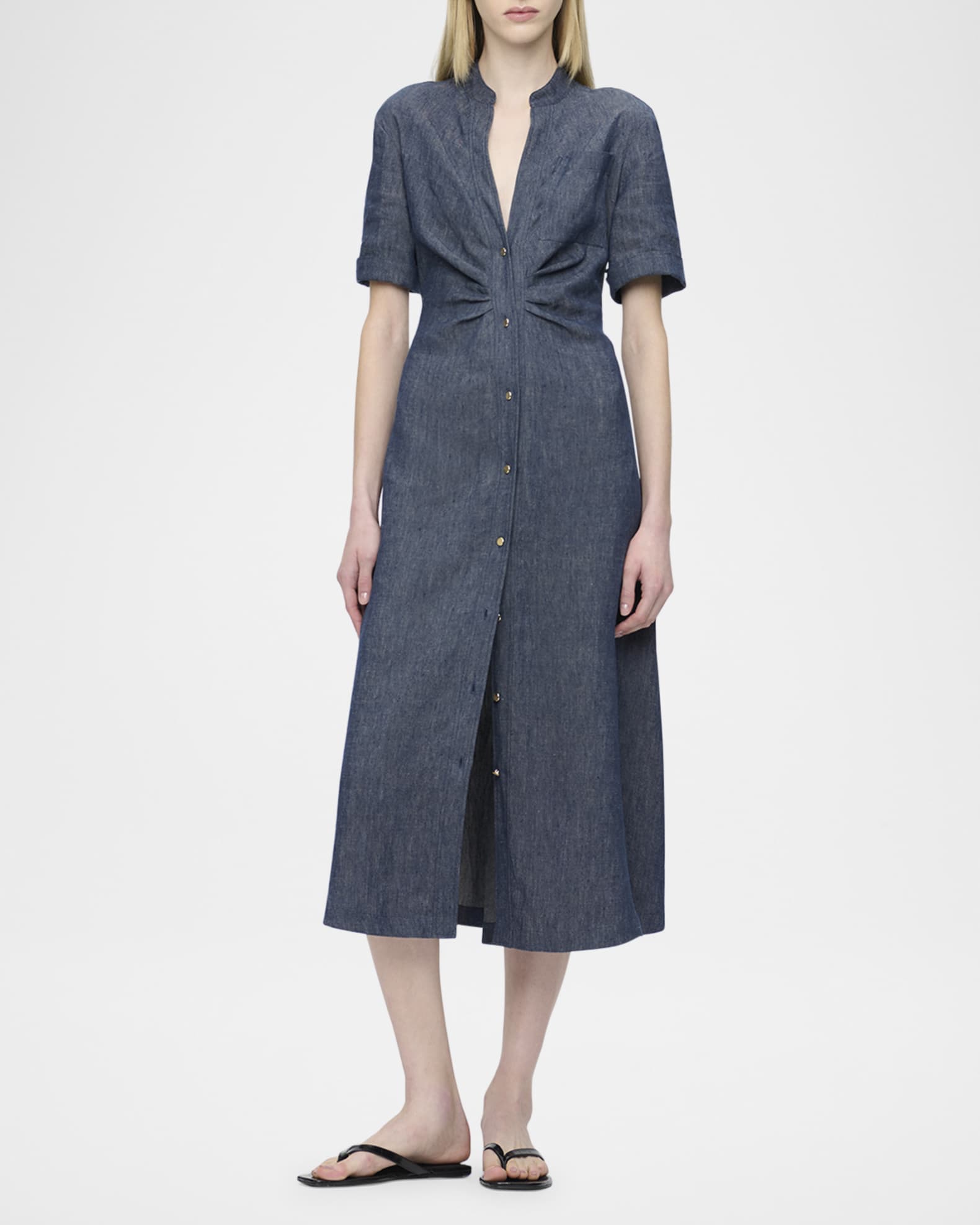 Noor V-Neck Button Denim Midi Shirtdress 1