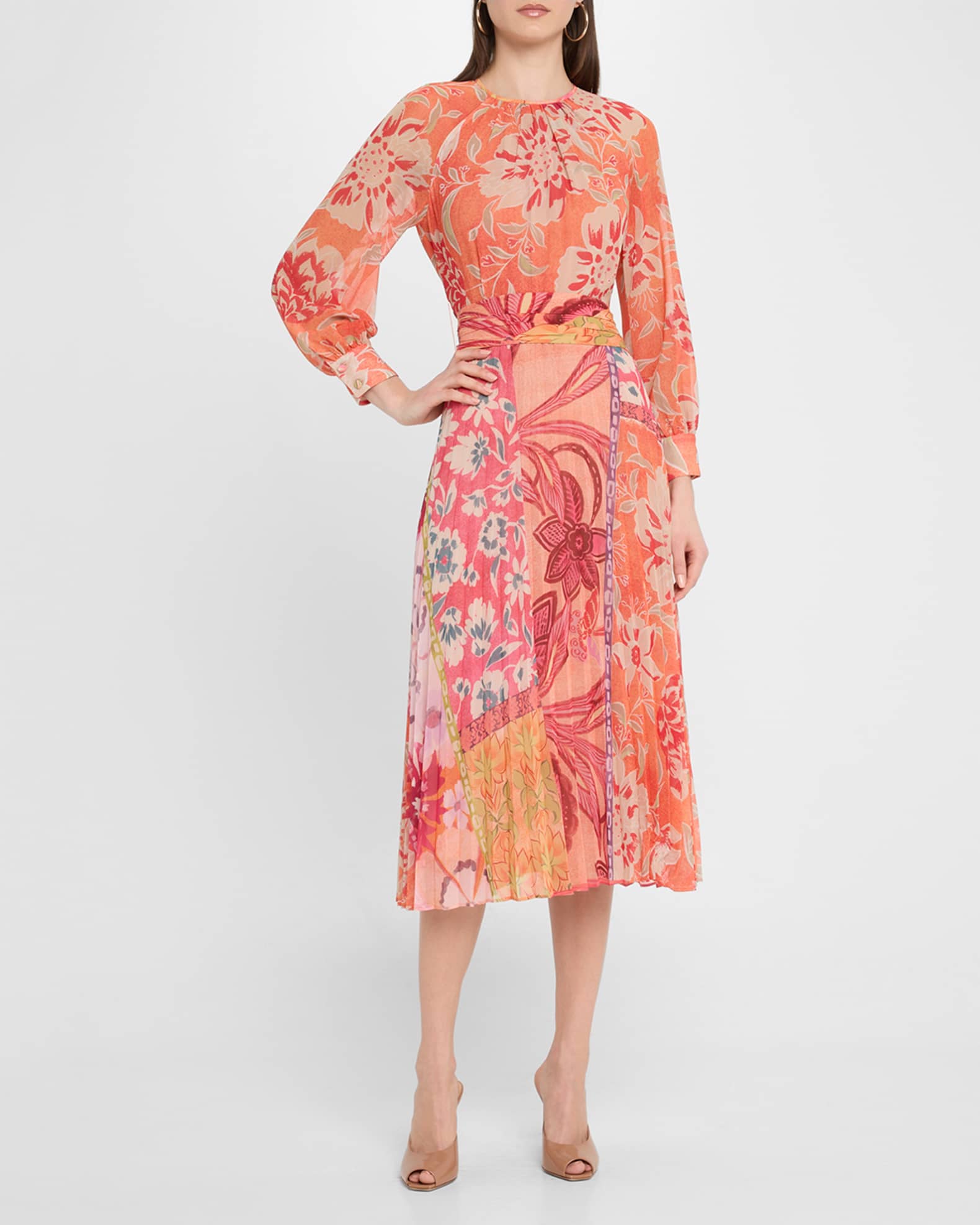 Pleated Patchwork-Print Chiffon Midi Dress 1