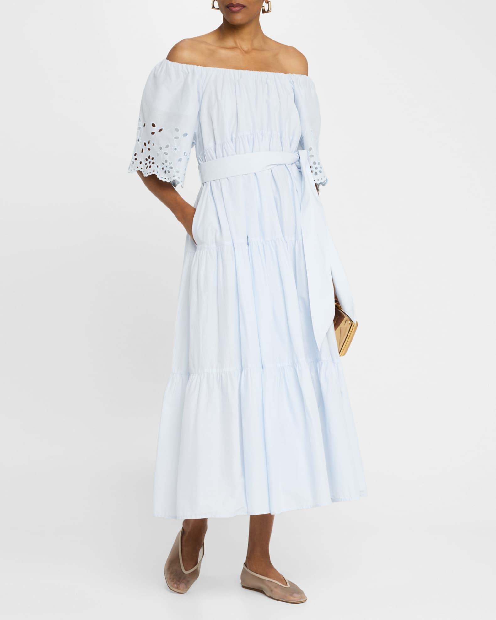 Merlette Berenson Tiered Eyelet-Embroidered Midi Dress | Neiman Marcus