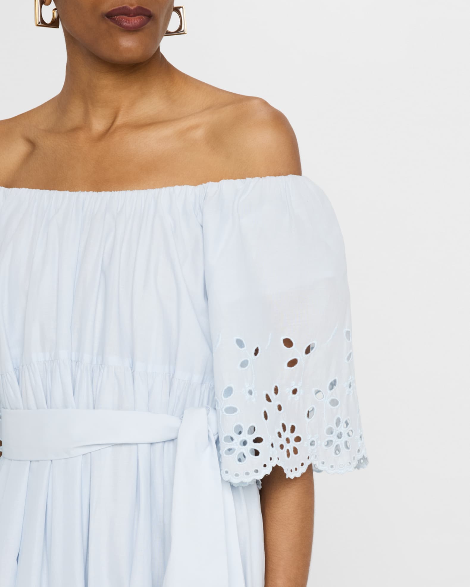 tiered popover dress in embroidered eyelet Alena Eyelet Lace Dress in Beige
