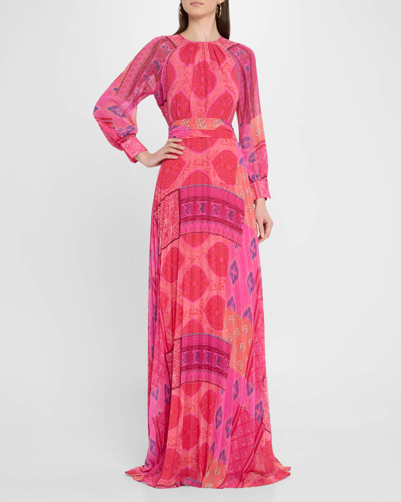 Pleated Patchwork-Print Chiffon Maxi Dress 1