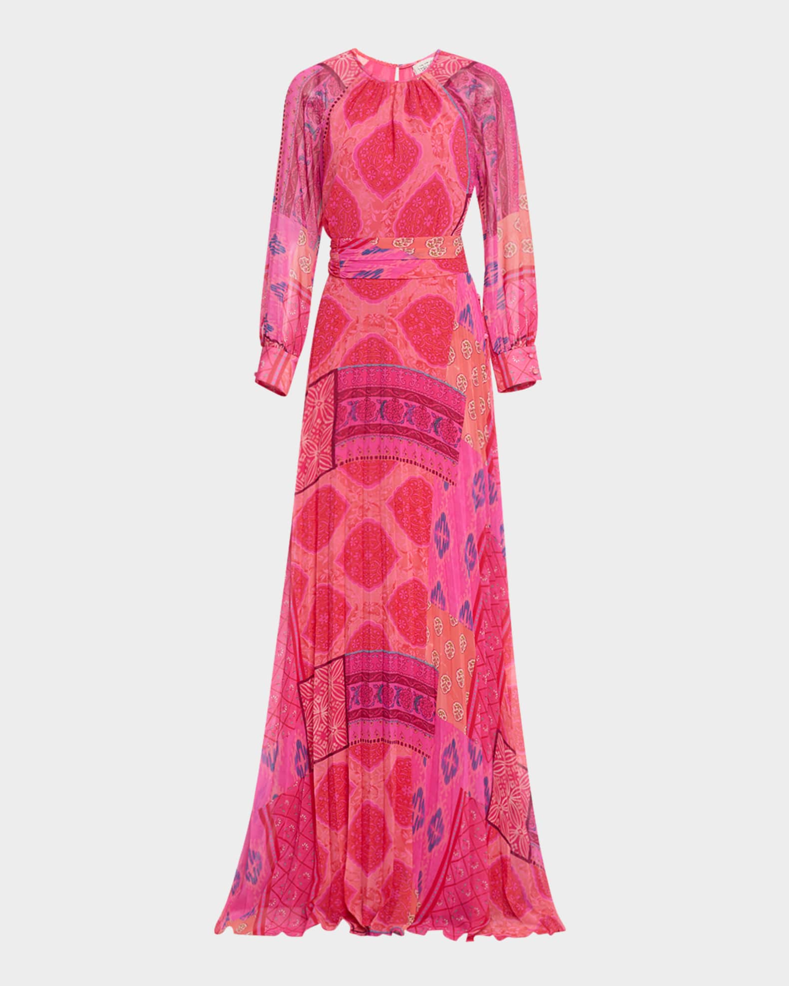 Pleated Patchwork-Print Chiffon Maxi Dress 0