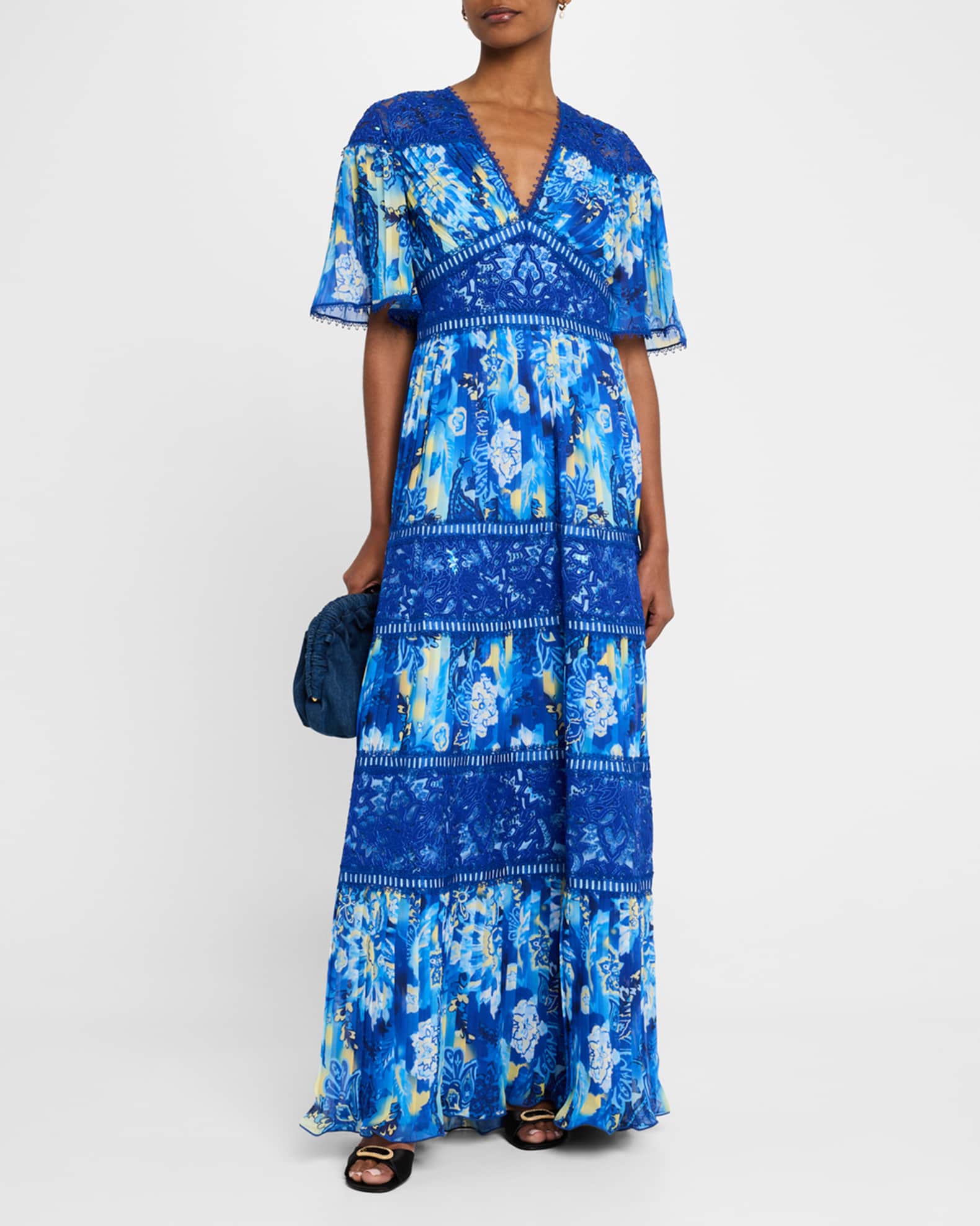 Tiered Lace-Trim Pleated Chiffon Gown 1