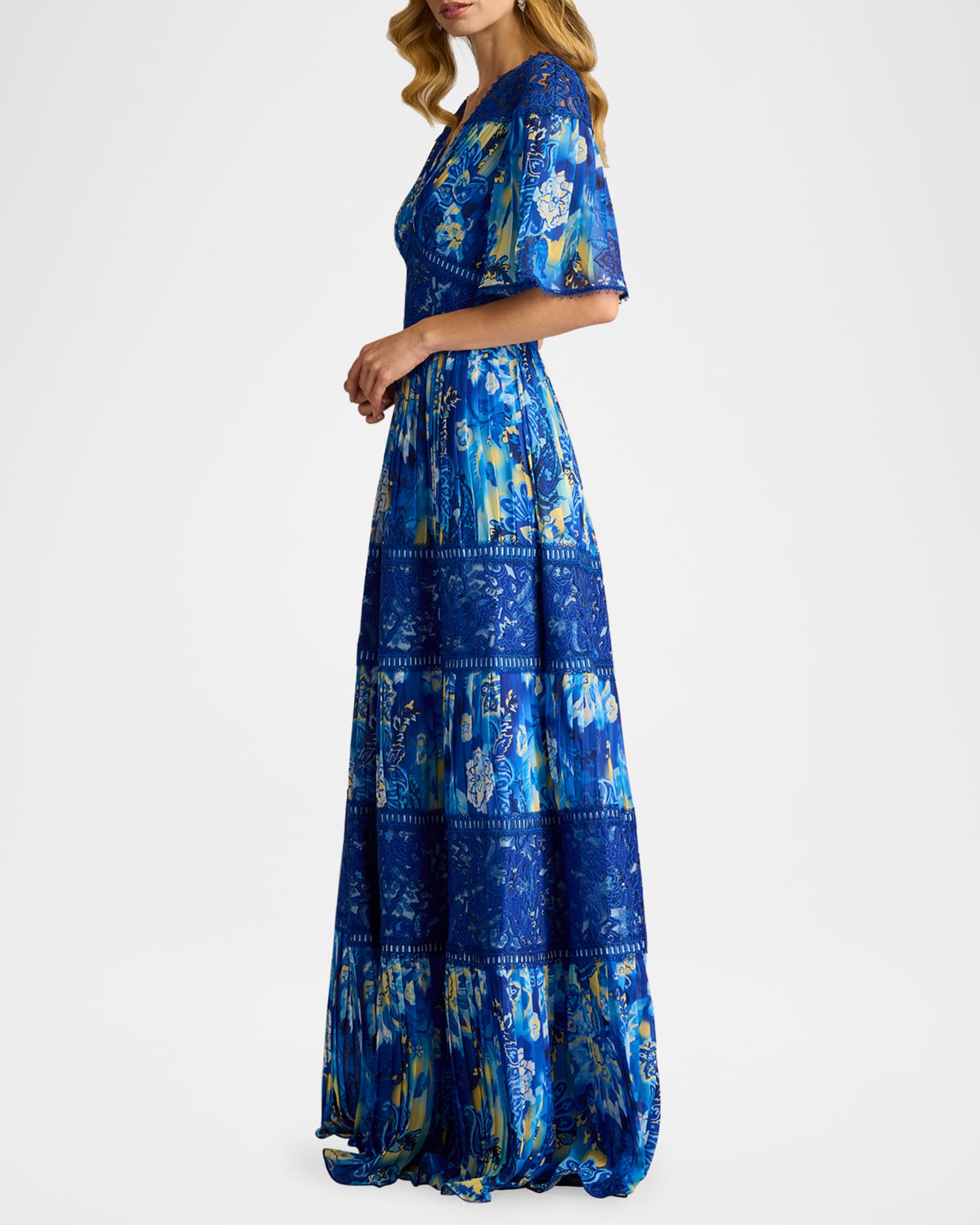 Tadashi Shoji Tiered Lace-Trim Pleated Chiffon Gown | Neiman