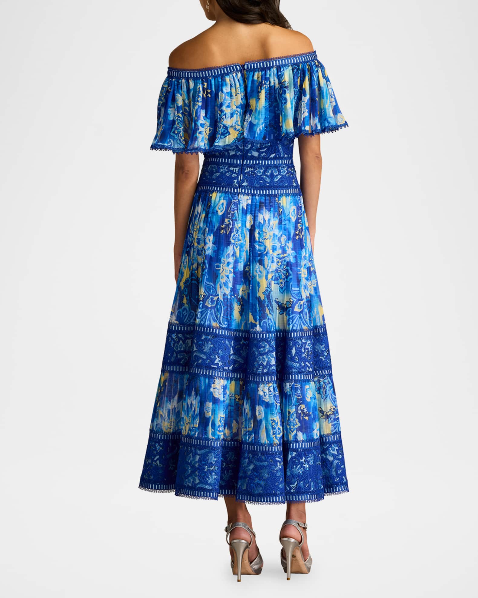 Tadashi Shoji Off-Shoulder Floral-Print & Lace Midi Dress | Neiman