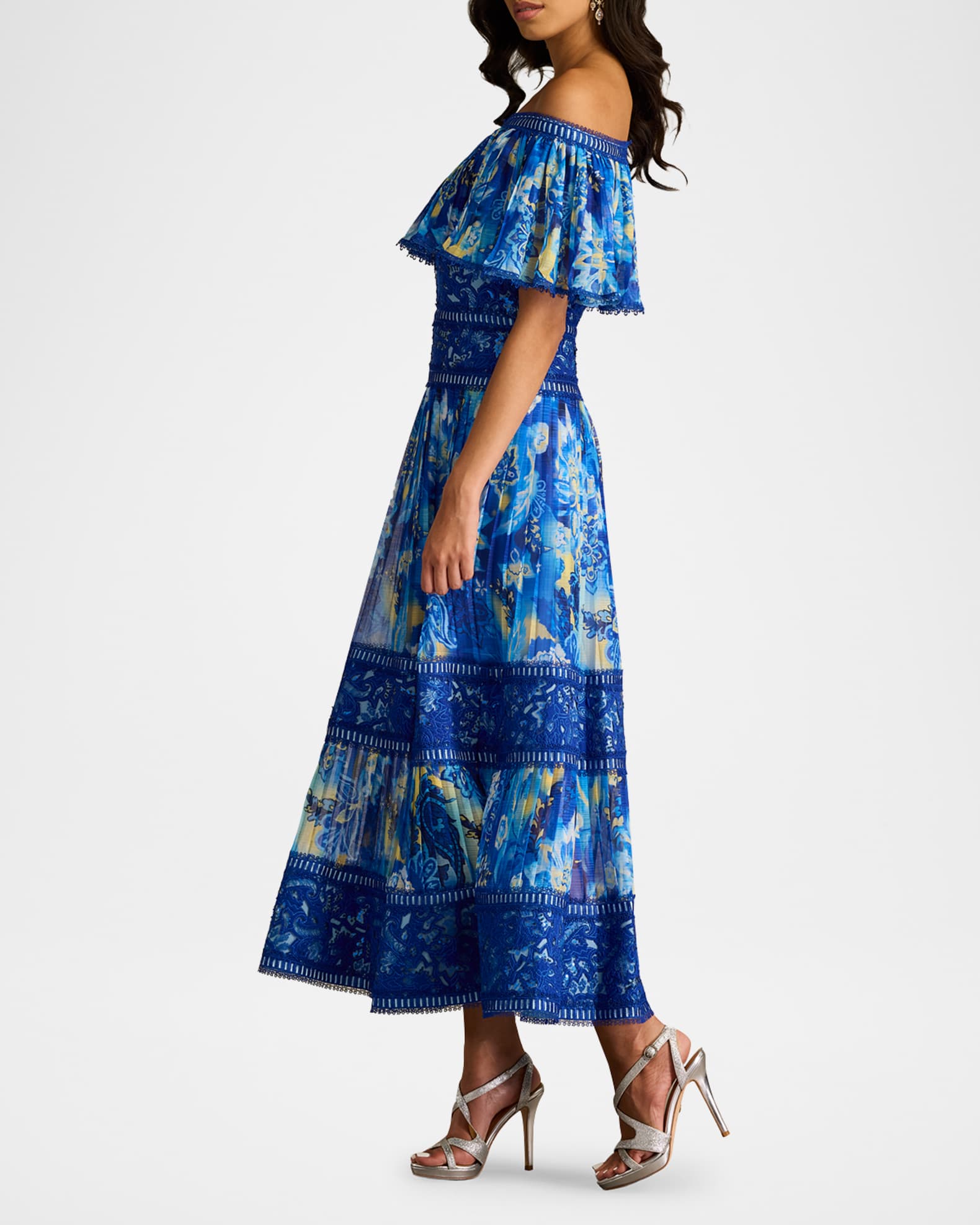 Tadashi Shoji Off-Shoulder Floral-Print & Lace Midi Dress | Neiman