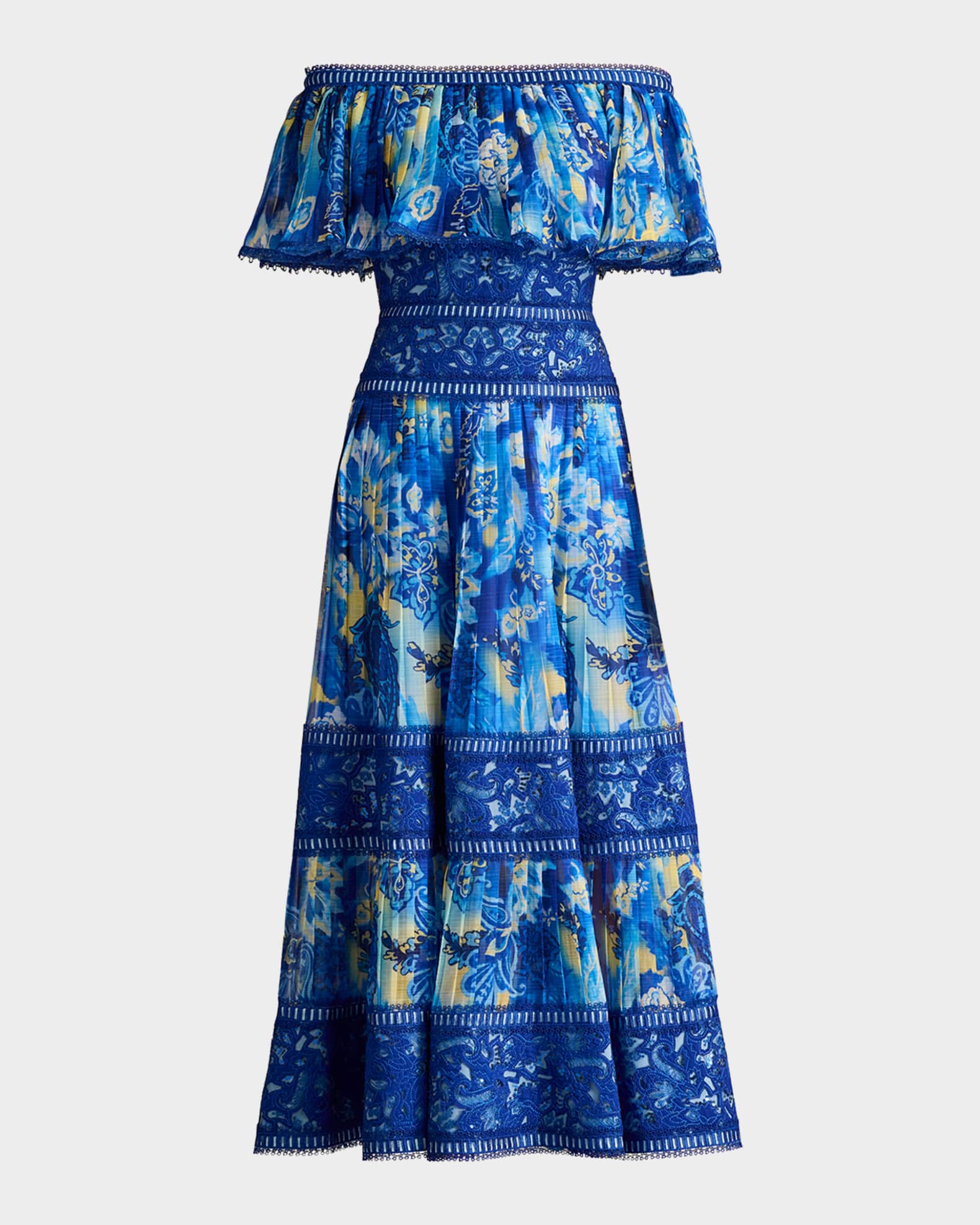 Off-Shoulder Floral-Print & Lace Midi Dress 0