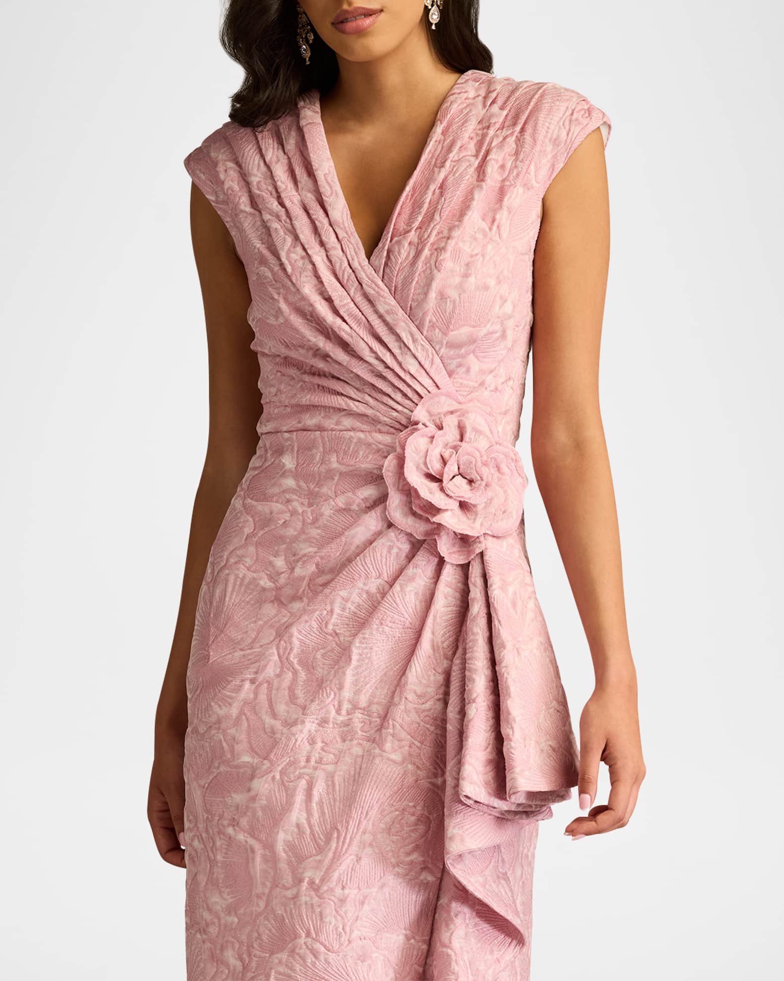 Tadashi Shoji Pleated Floral Applique Jacquard Dress