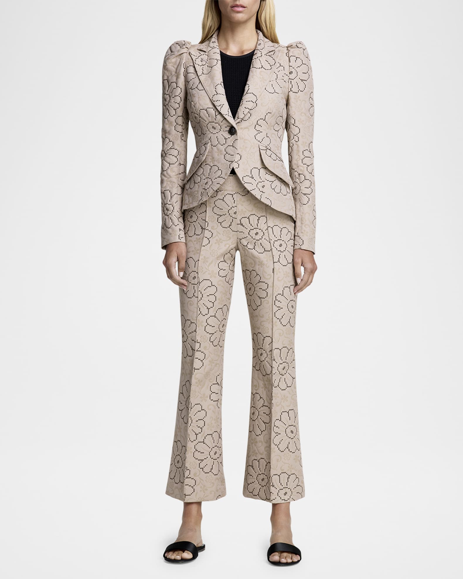 Floral Jacquard Puff-Sleeve Blazer - Thumbnail 2