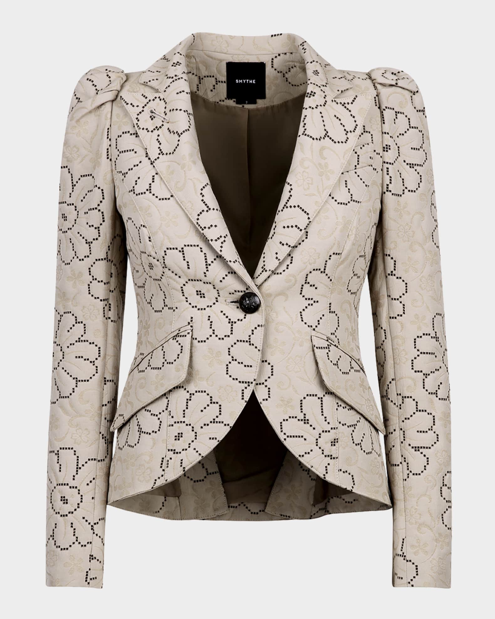Floral Jacquard Puff-Sleeve Blazer