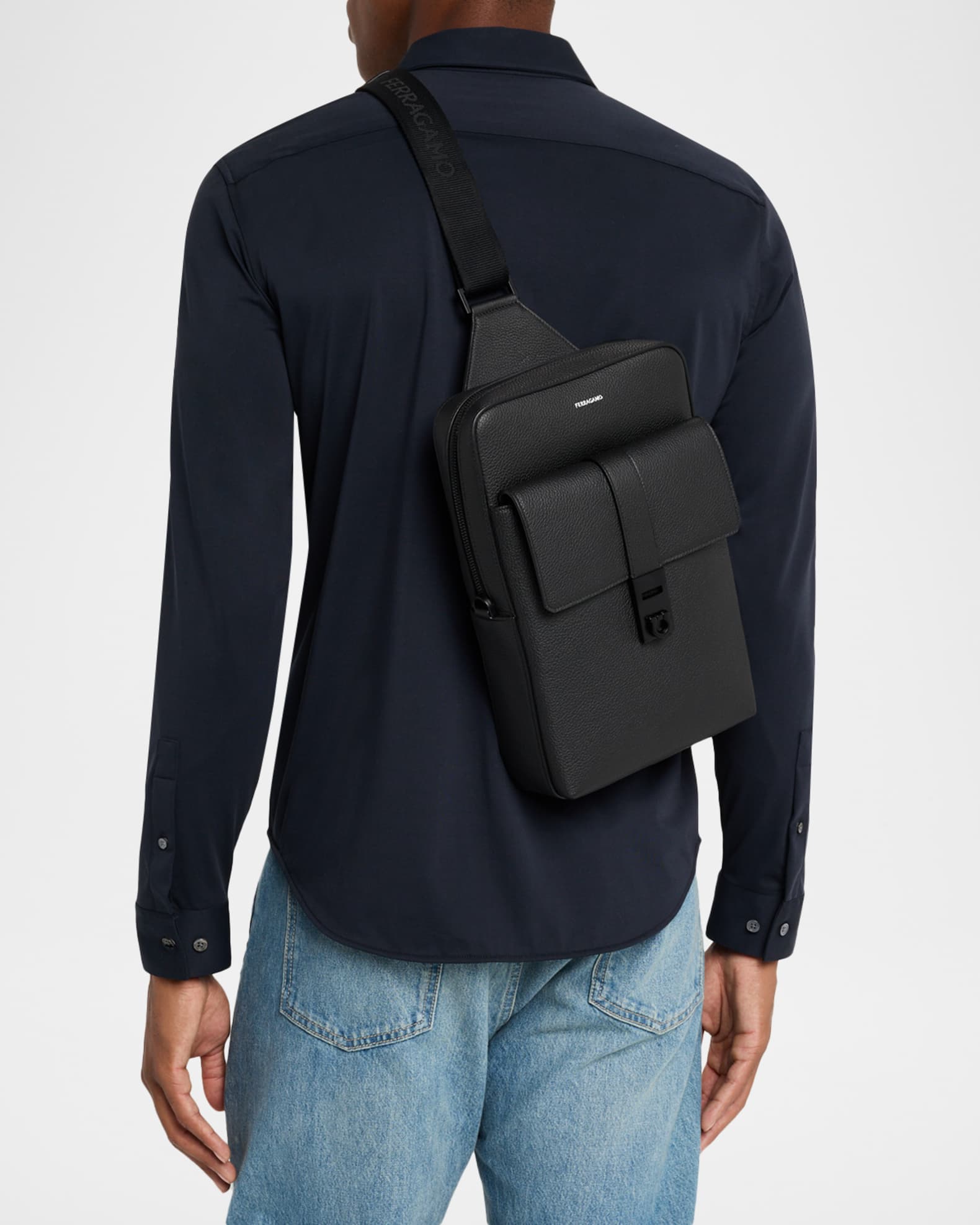 Men's Hug-Buckle Leather Sling Crossbody Bag 1
