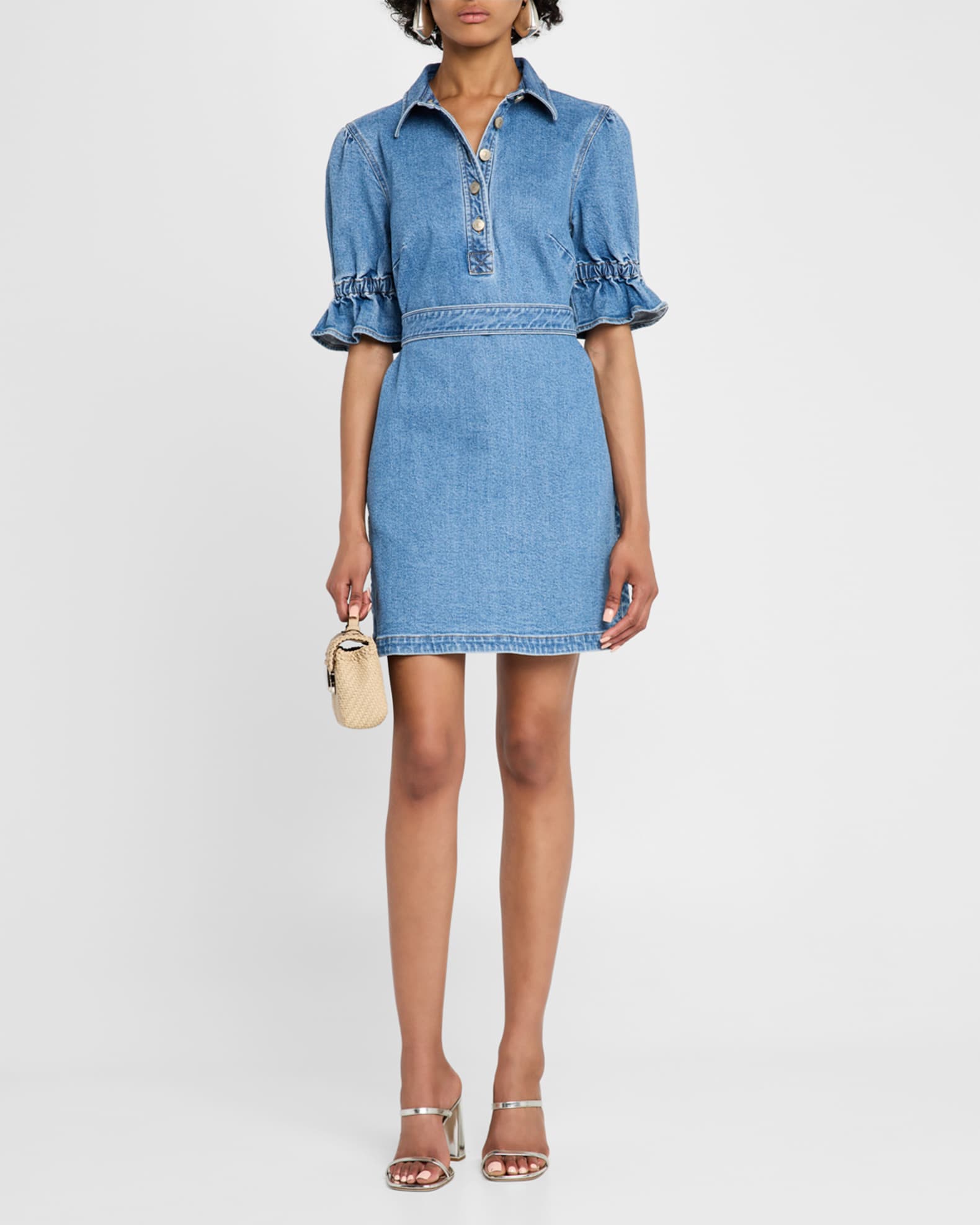 white christmas dresses Denim Wavy Cut-Out Puff Sleeve Mini Dress main image 1