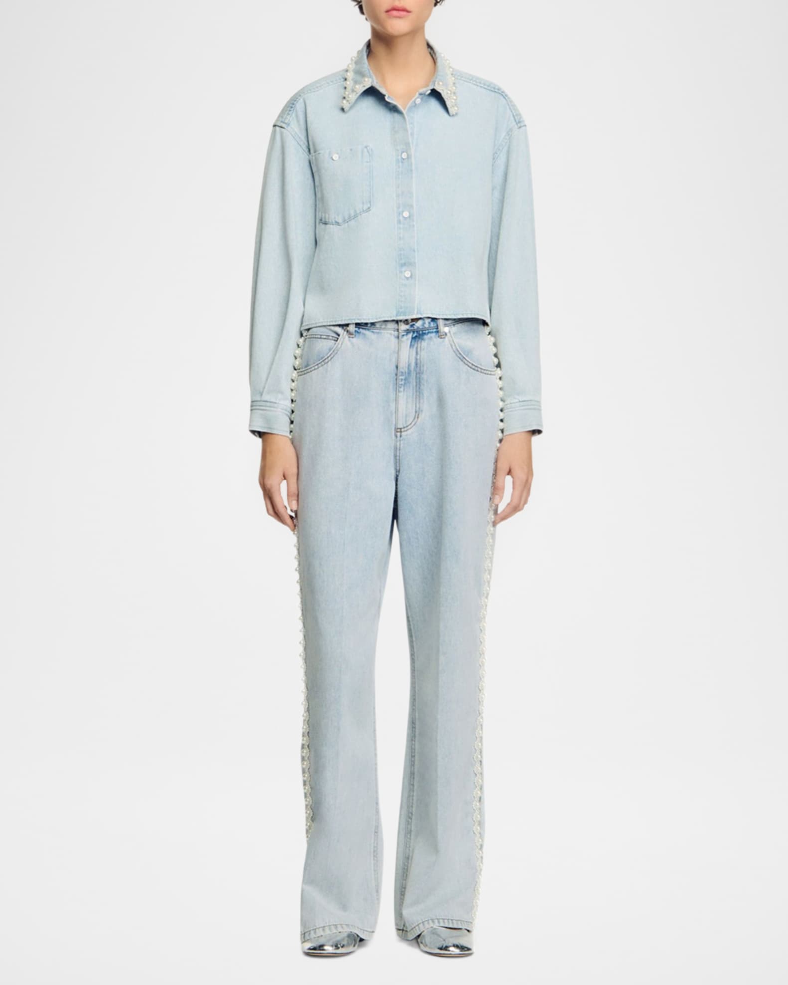 Sandro Maia Beaded Collar Denim Shirt | Neiman Marcus