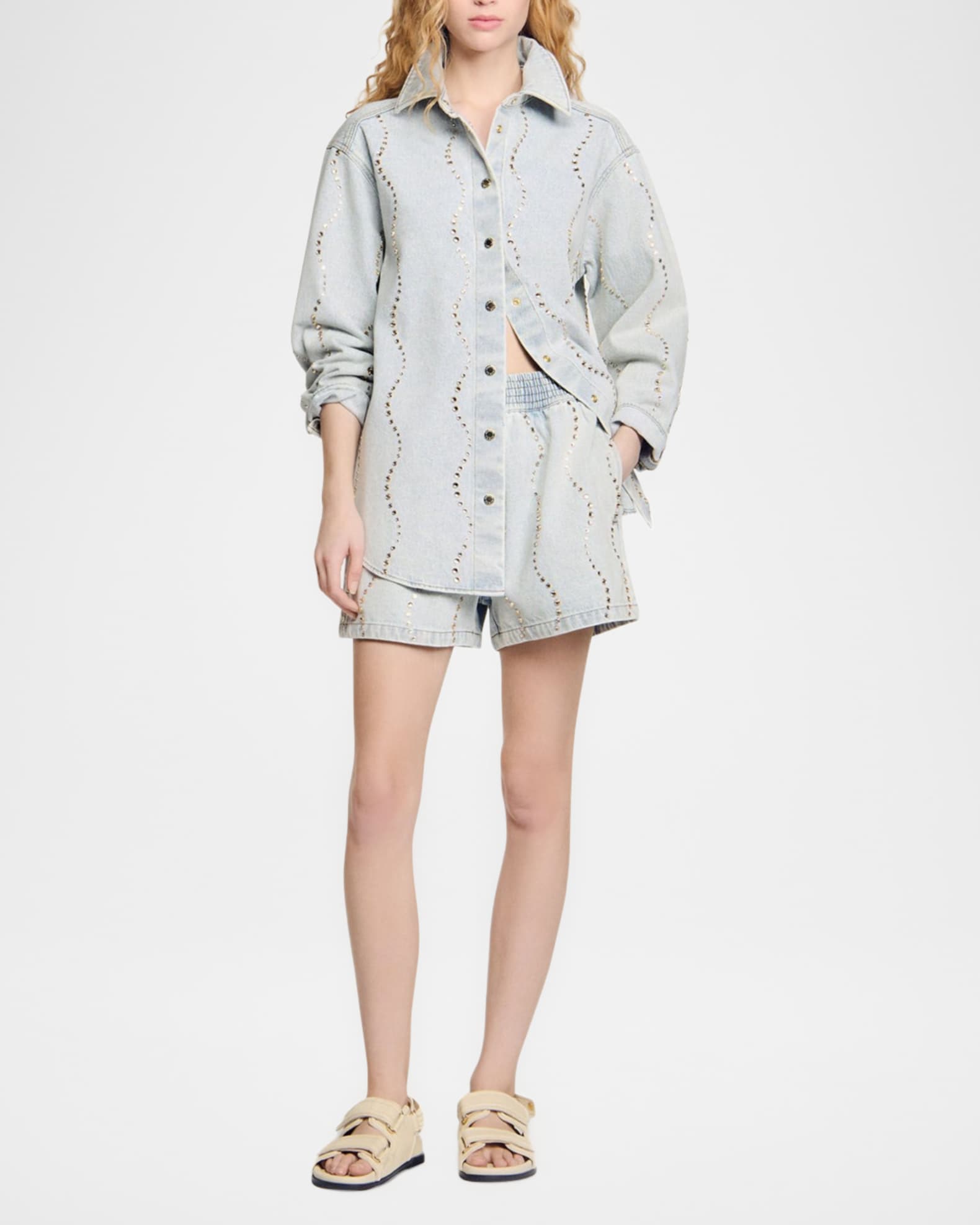 Sandro Wave Embellished Denim Shirt | Neiman Marcus