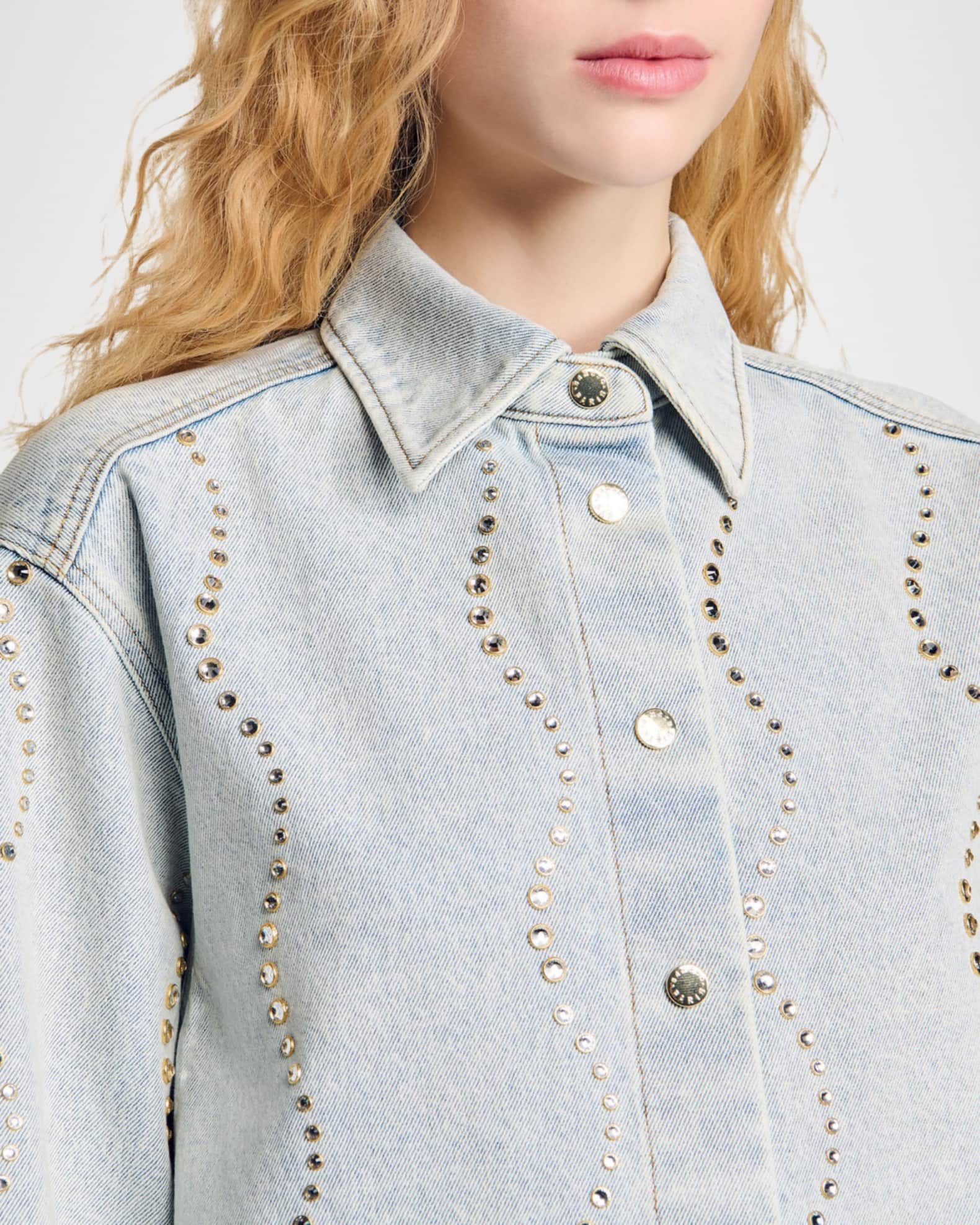 Sandro Wave Embellished Denim Shirt | Neiman Marcus