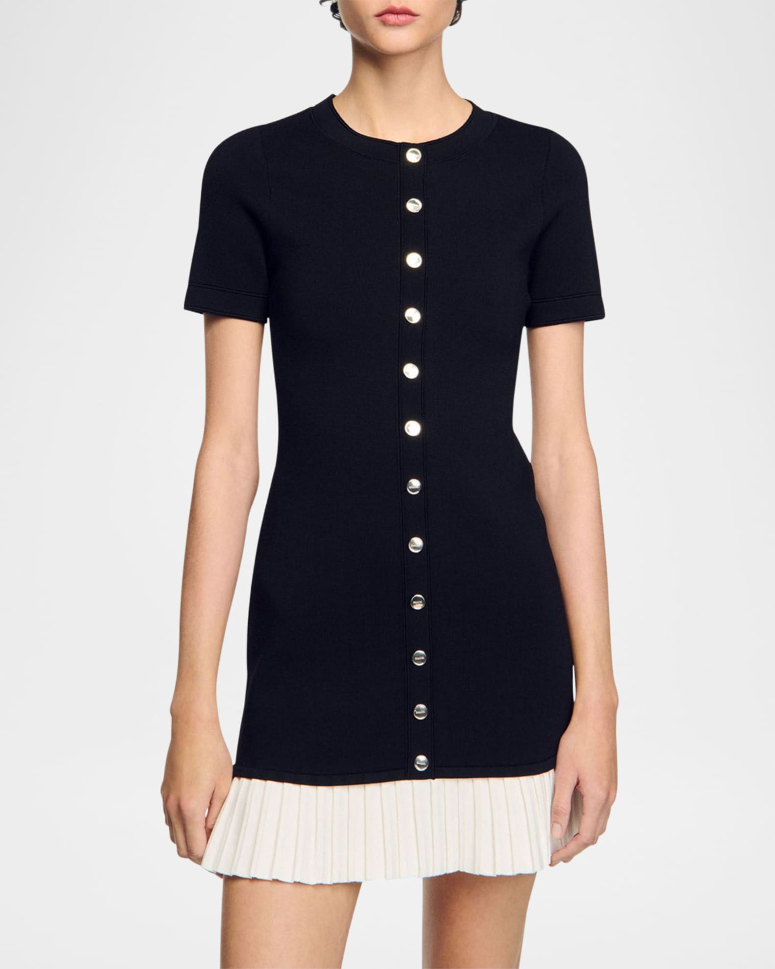 open lace back dress SANDRO VICTOIRE SILK-WOOL POLO PLEATED KNIT MIDI DRESS – Dark Blue main image 1