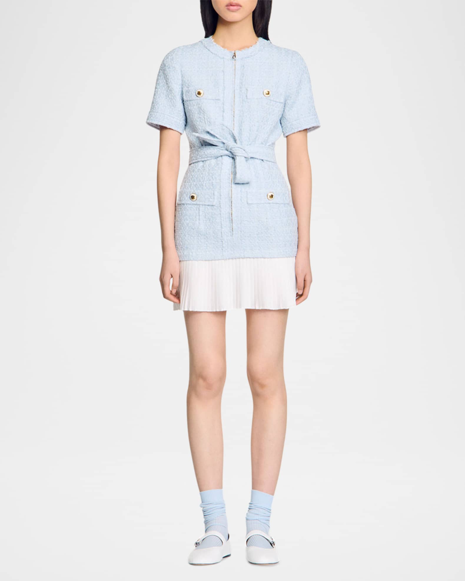 Sandro Joie Belted Tweed Mini Dress | Neiman Marcus