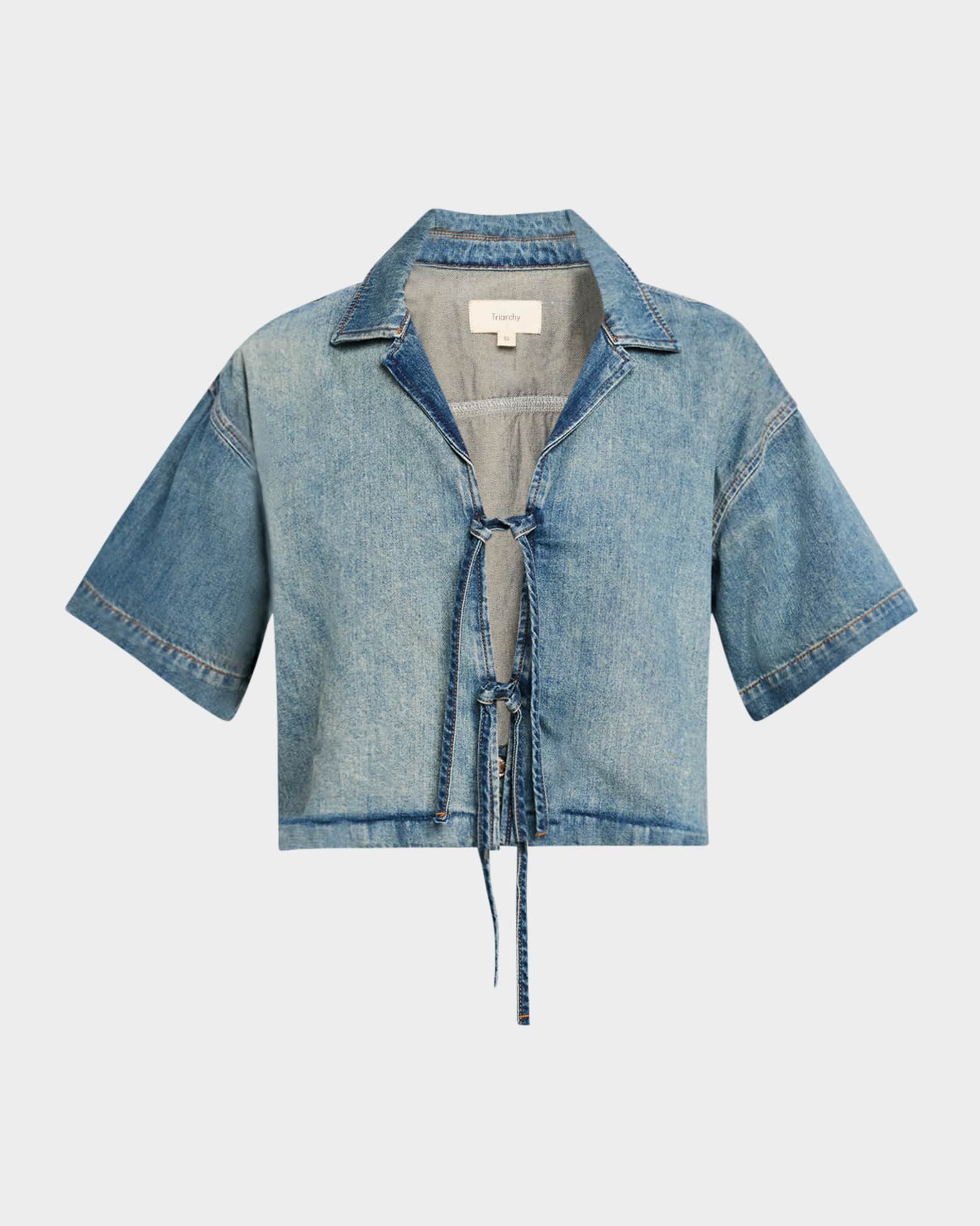 Lottie Cropped Tie-Front Denim Shirt 0