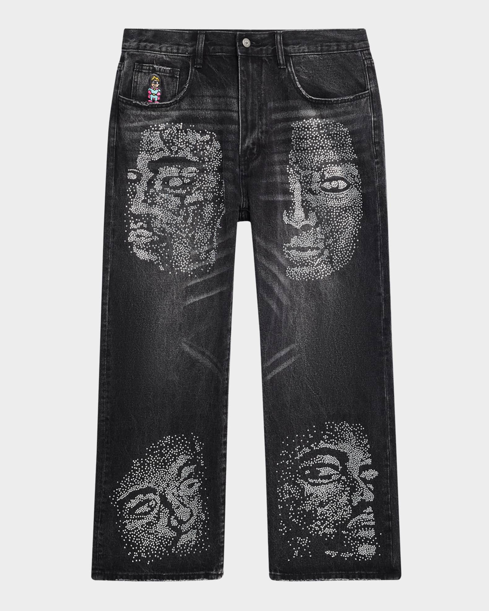 Men's Rhinestone Face Jeans 0