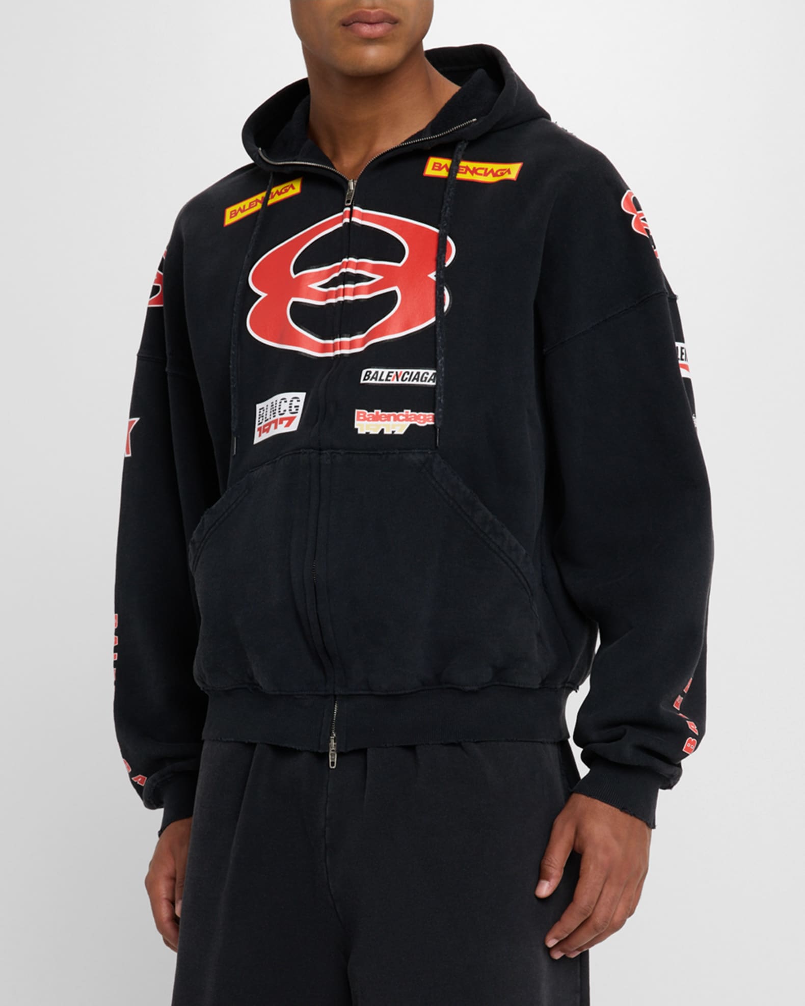 Balenciaga Men's Sponsor Logos Full-Zip Hoodie | Neiman Marcus