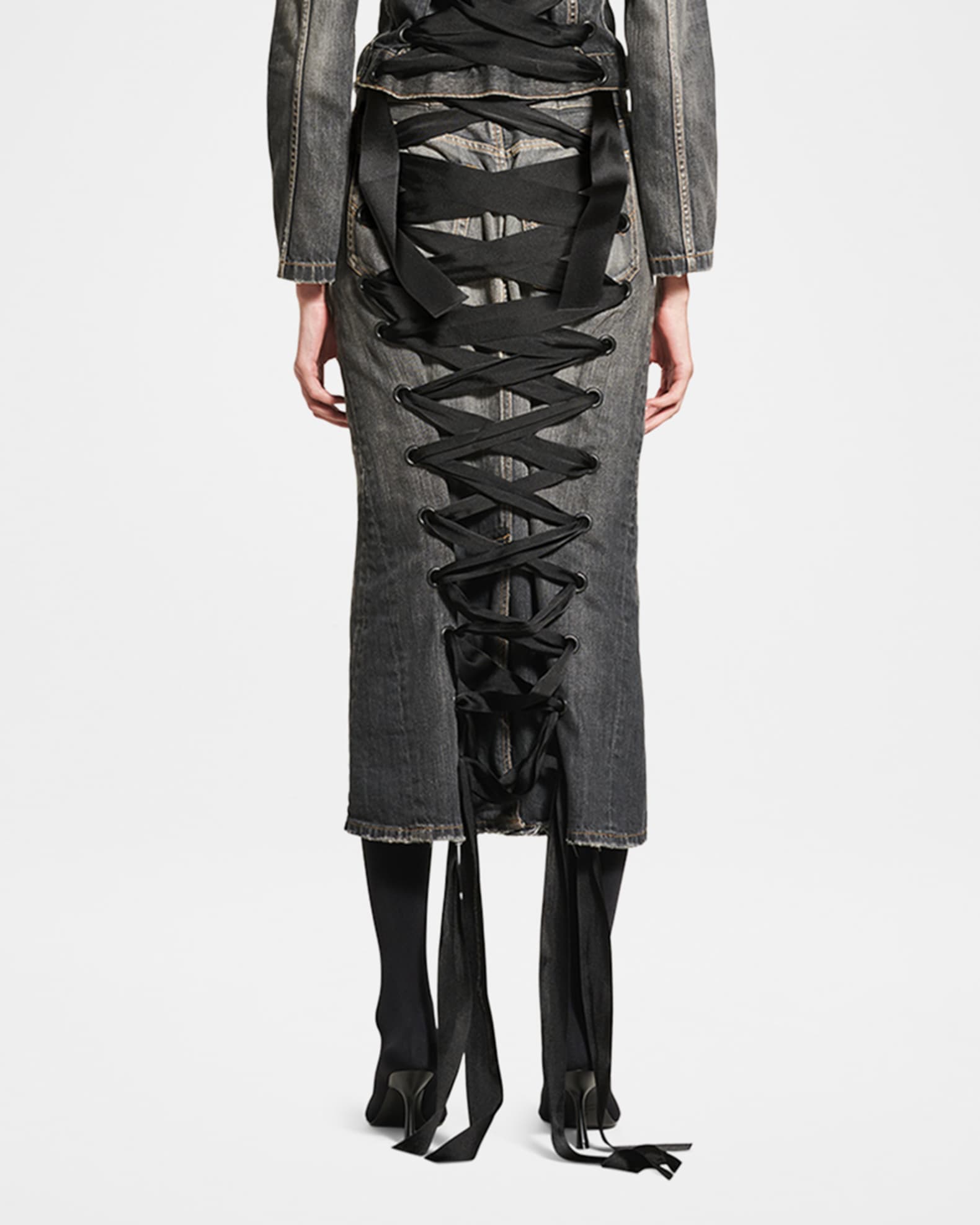 Balenciaga Lace-Up Denim Midi Skirt | Neiman Marcus