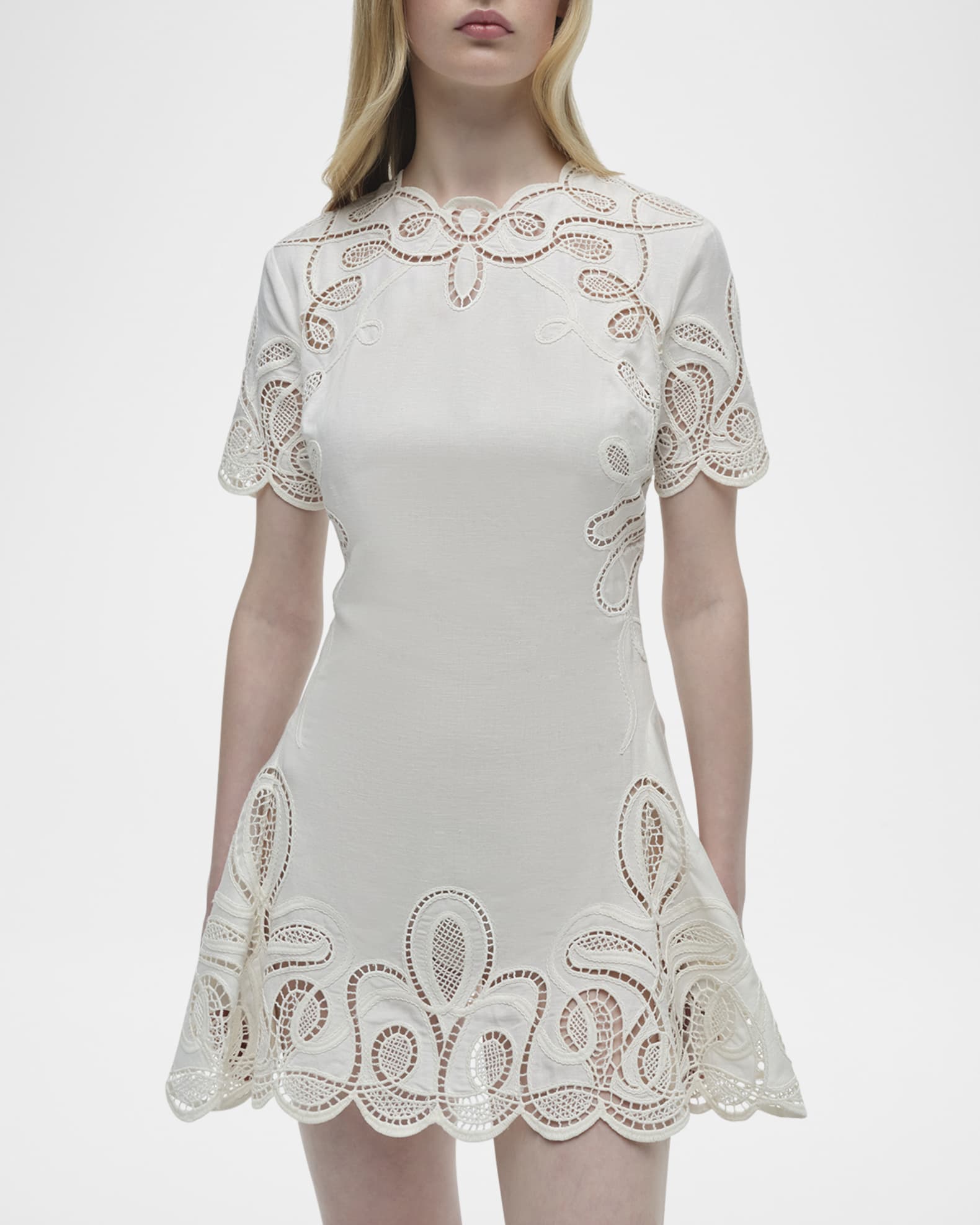 off-white embroidered carmina floral short sleeve mini dress Simple A-line V-neck Open Back Long Sleeves Lace Wedding Dresses with  Split,MW410 main image 0