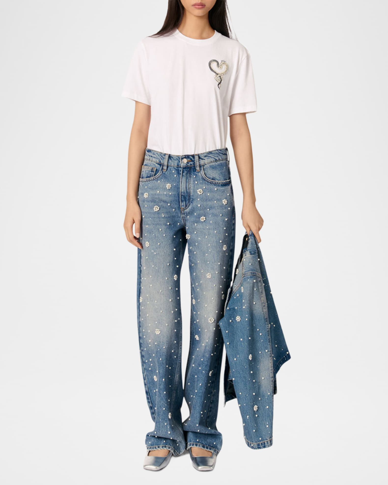 Maje Perla Flower Embroidered Wide-Leg Jeans | Neiman Marcus