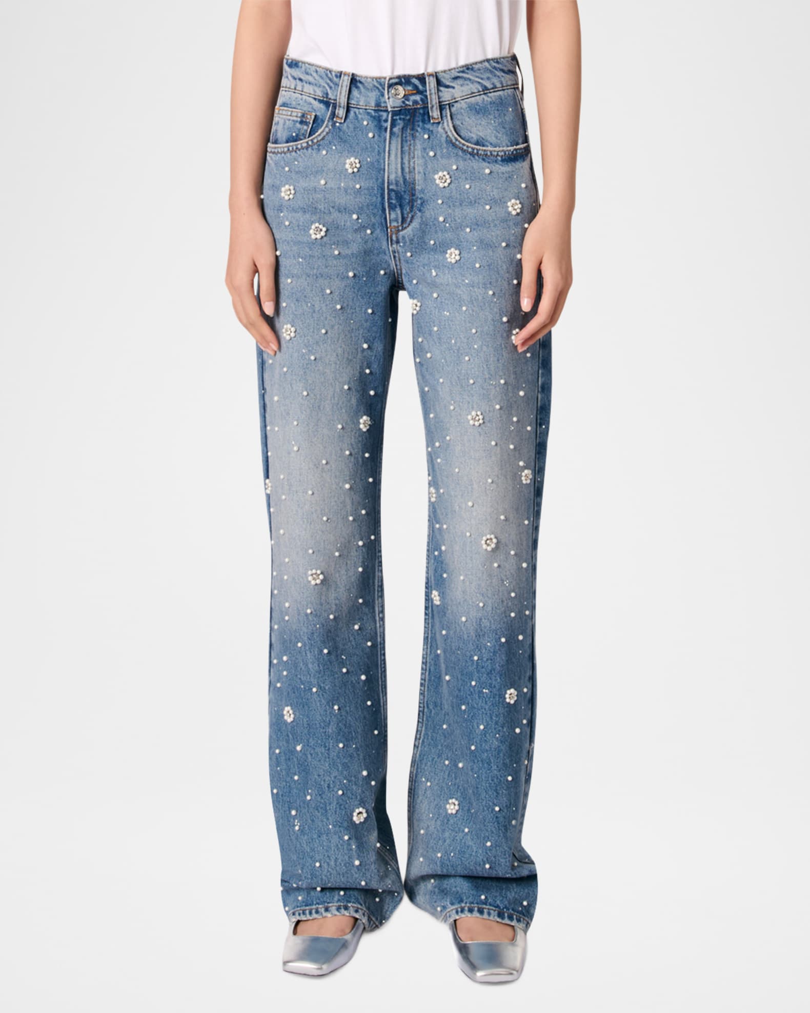 Maje Perla Flower Embroidered Wide-Leg Jeans | Neiman Marcus