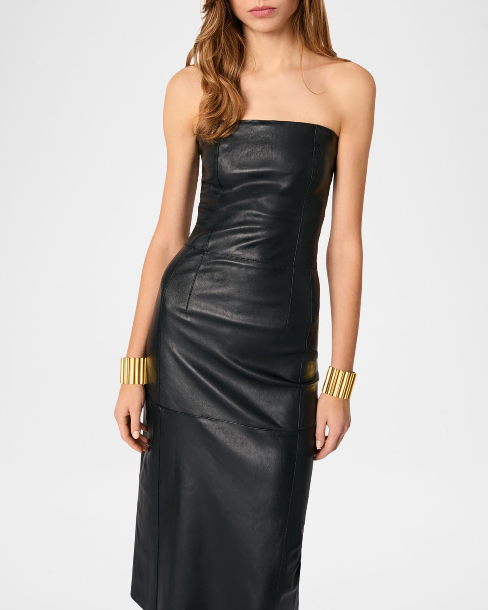 Maje Reather Strapless Sculpting Leather Midi Dress | Neiman Marcus