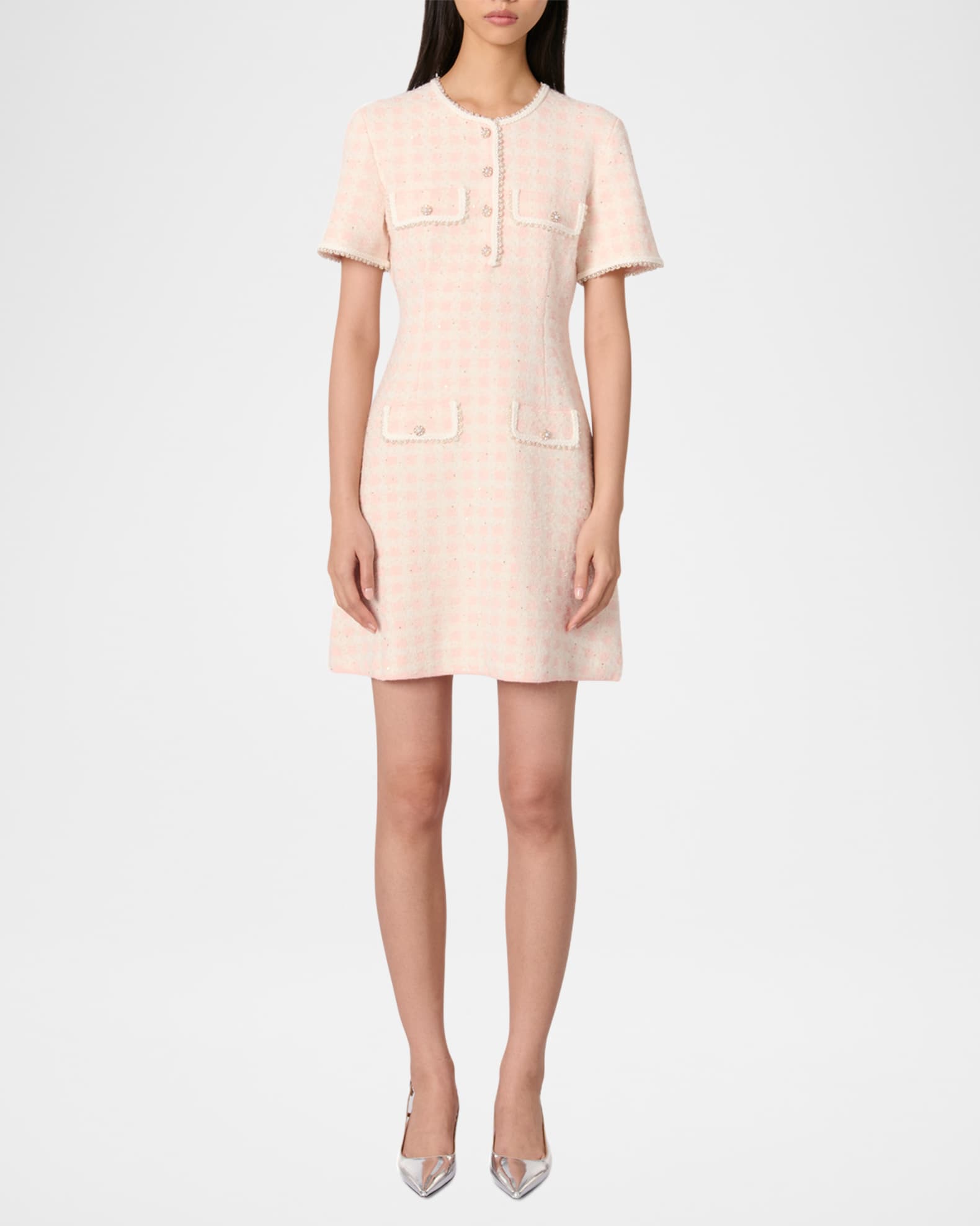MAJE [マージ] Pearl Trimming Check Knit Dress Jacquard knit midi dress Bicolor For Women | Maje