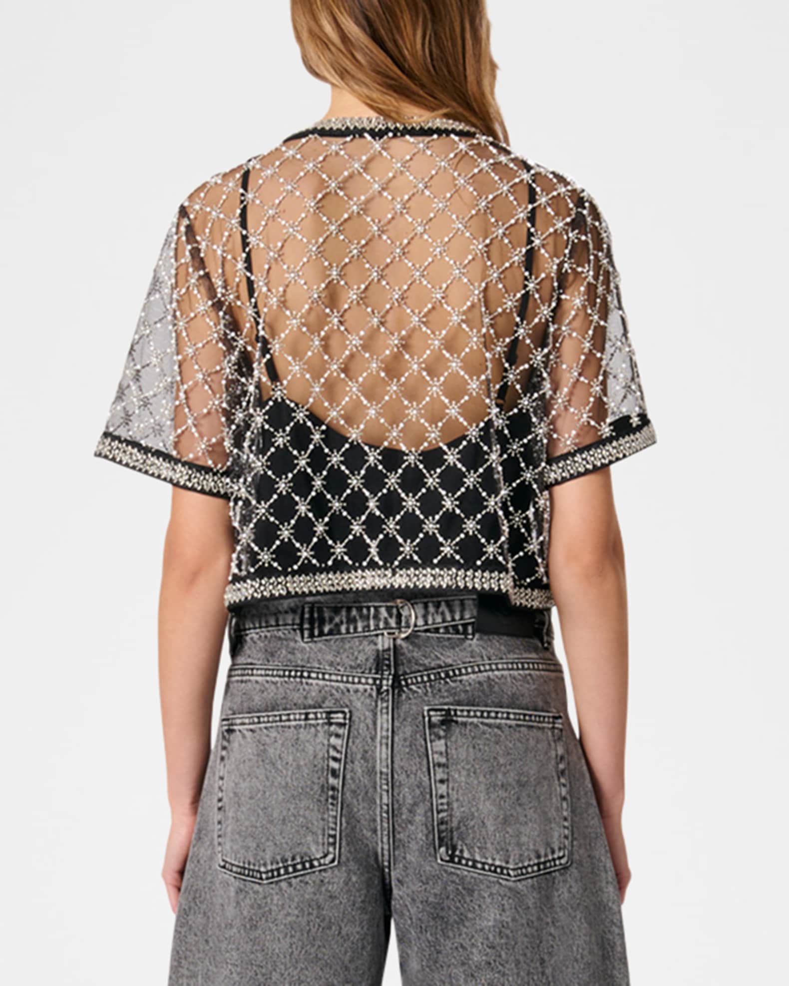 Maje Lione Sizelle Embroidered Tulle Top | Neiman Marcus
