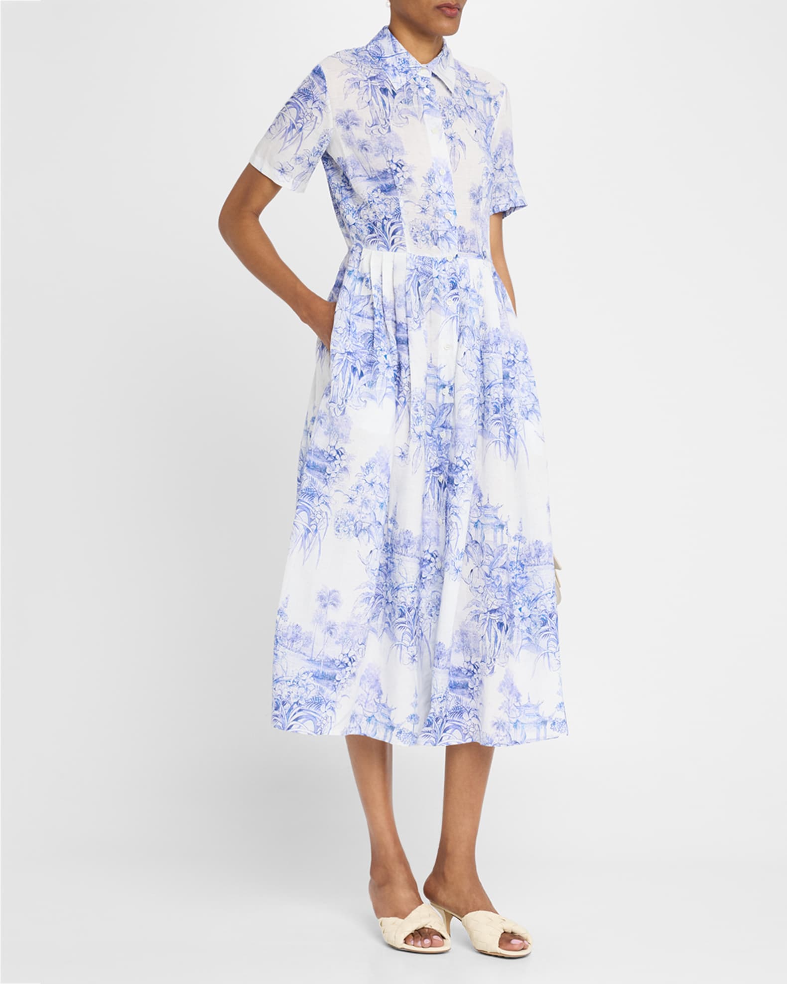 Evi Grintela Nellie Pleated Toile-Print Midi Shirtdress | Neiman Marcus