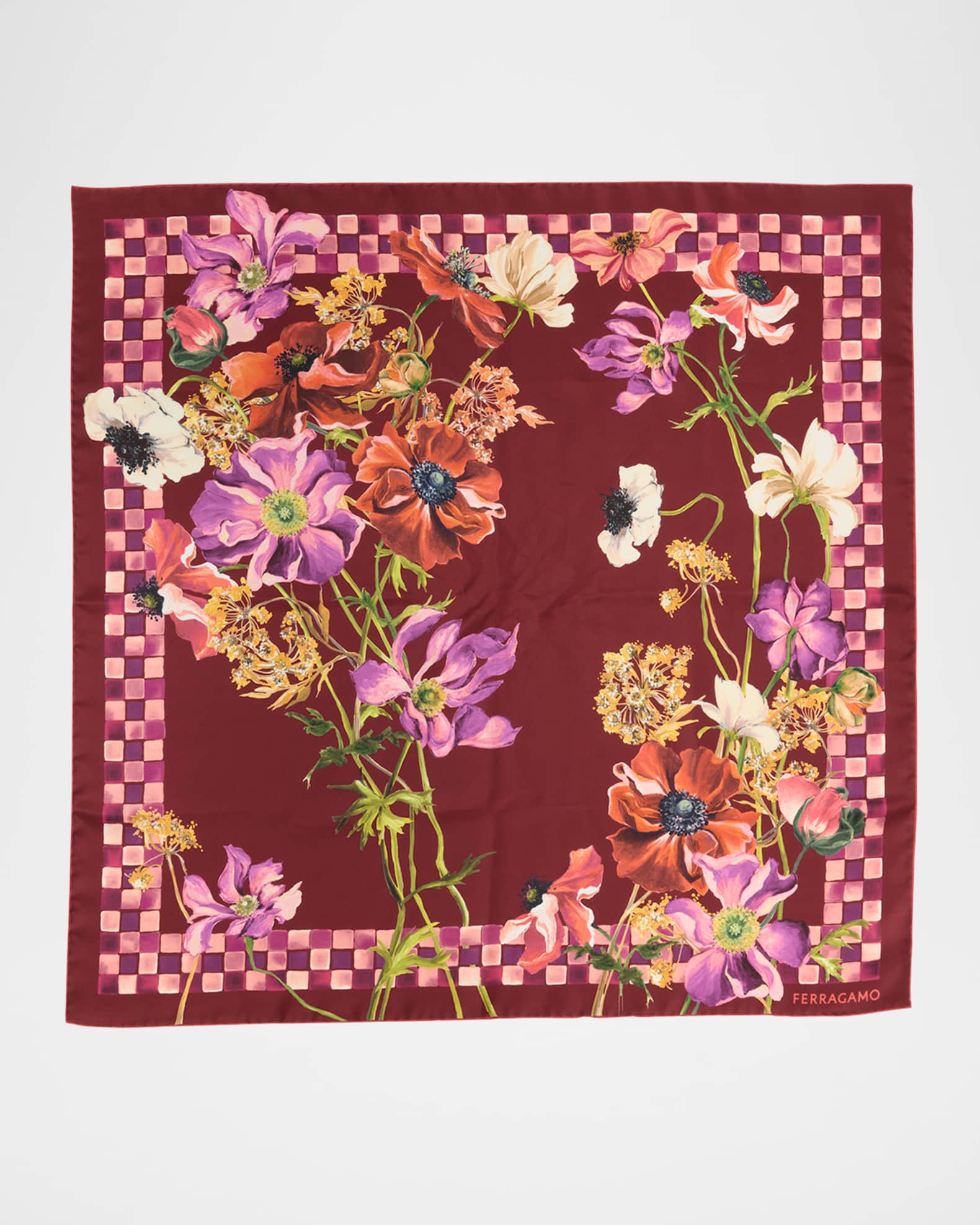 Bordeaux Flower Print Silk Foulard Scarf 0