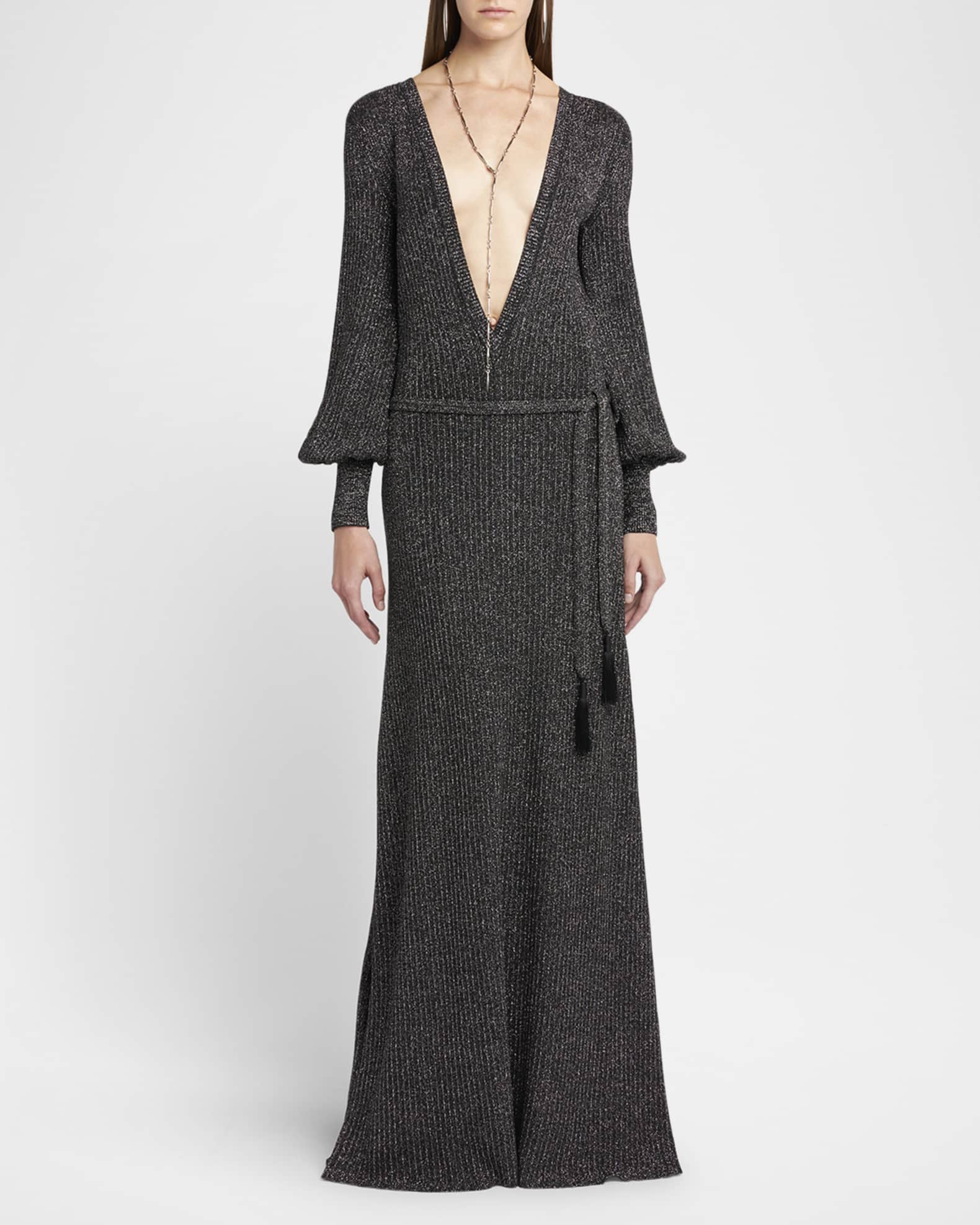 Plunging Vanise Metallic Rib Backless Maxi Dress 1