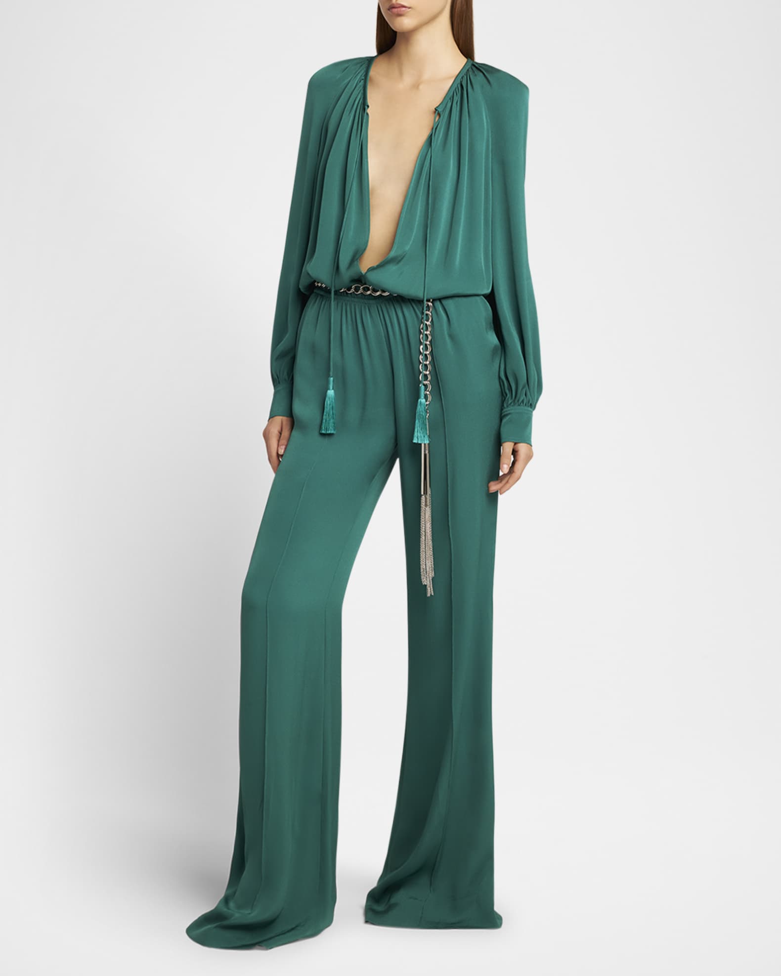 TOM FORD Long-Sleeve Gathered Viscose Crepe Cady Jumpsuit Neiman