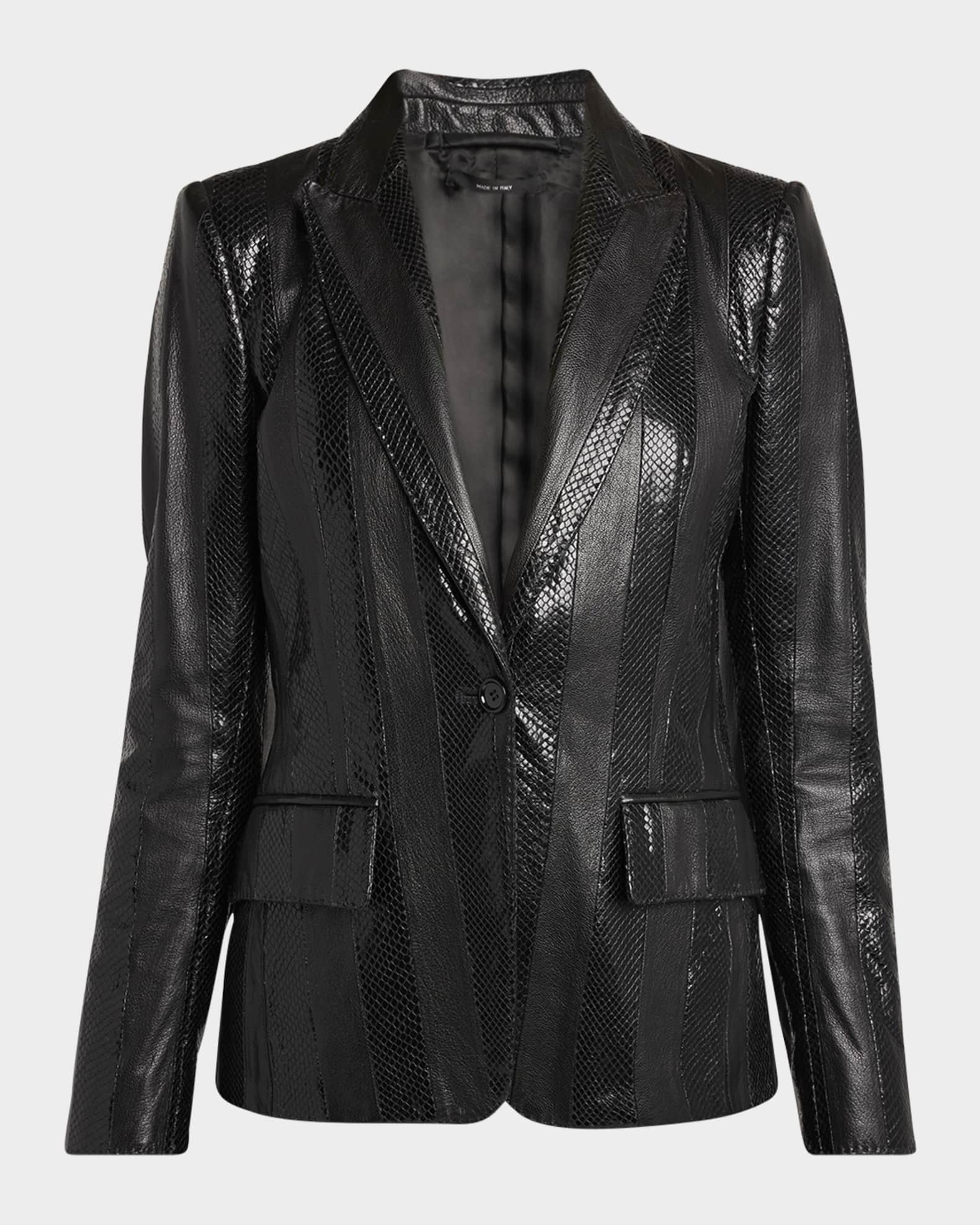 Striped Patchwork Leather Single-Breasted Jacket 0